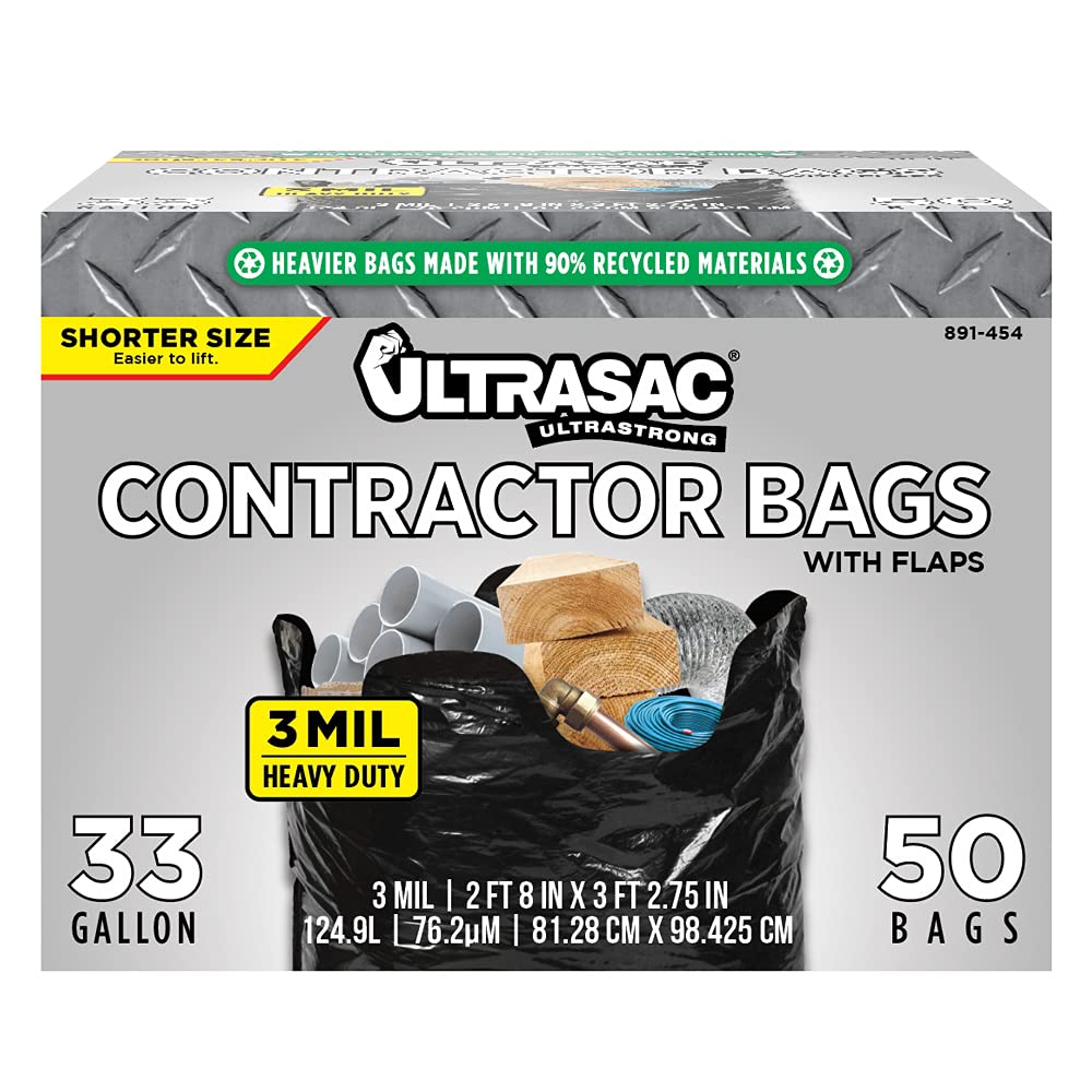 Ultrasac Contractor Trash Bags - (50 Pack/w Ties) - Heavy Duty 3 MIL Thick,  39 x 32, Shorter 33 Gallon Black Version - for Industrial, Commercial