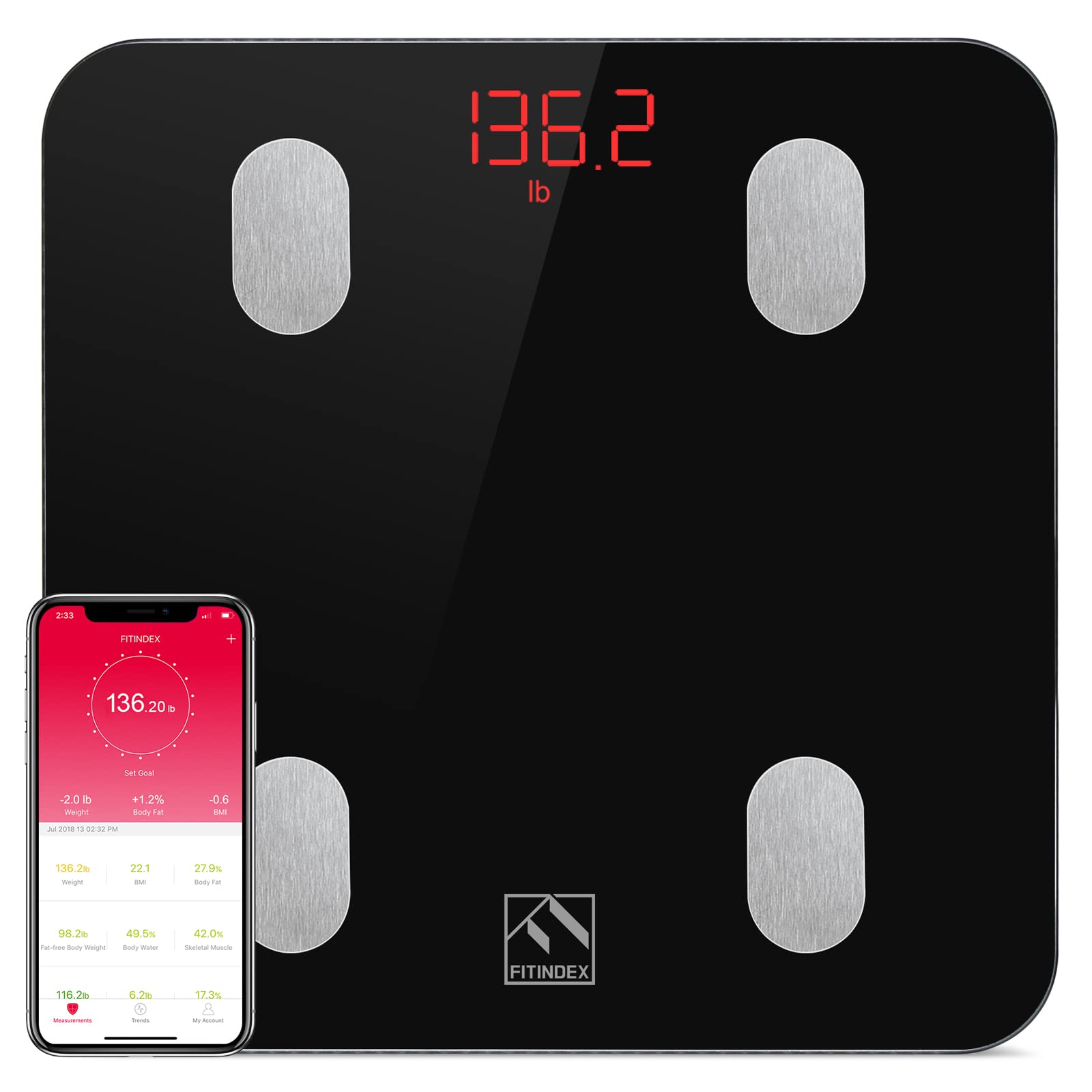 FITINDEX Scale for Body Weight and Fat Percentage, Smart Scale, Digital  Bathroom Body Composition Monitor with Bluetooth & App for BMI, Body Fat