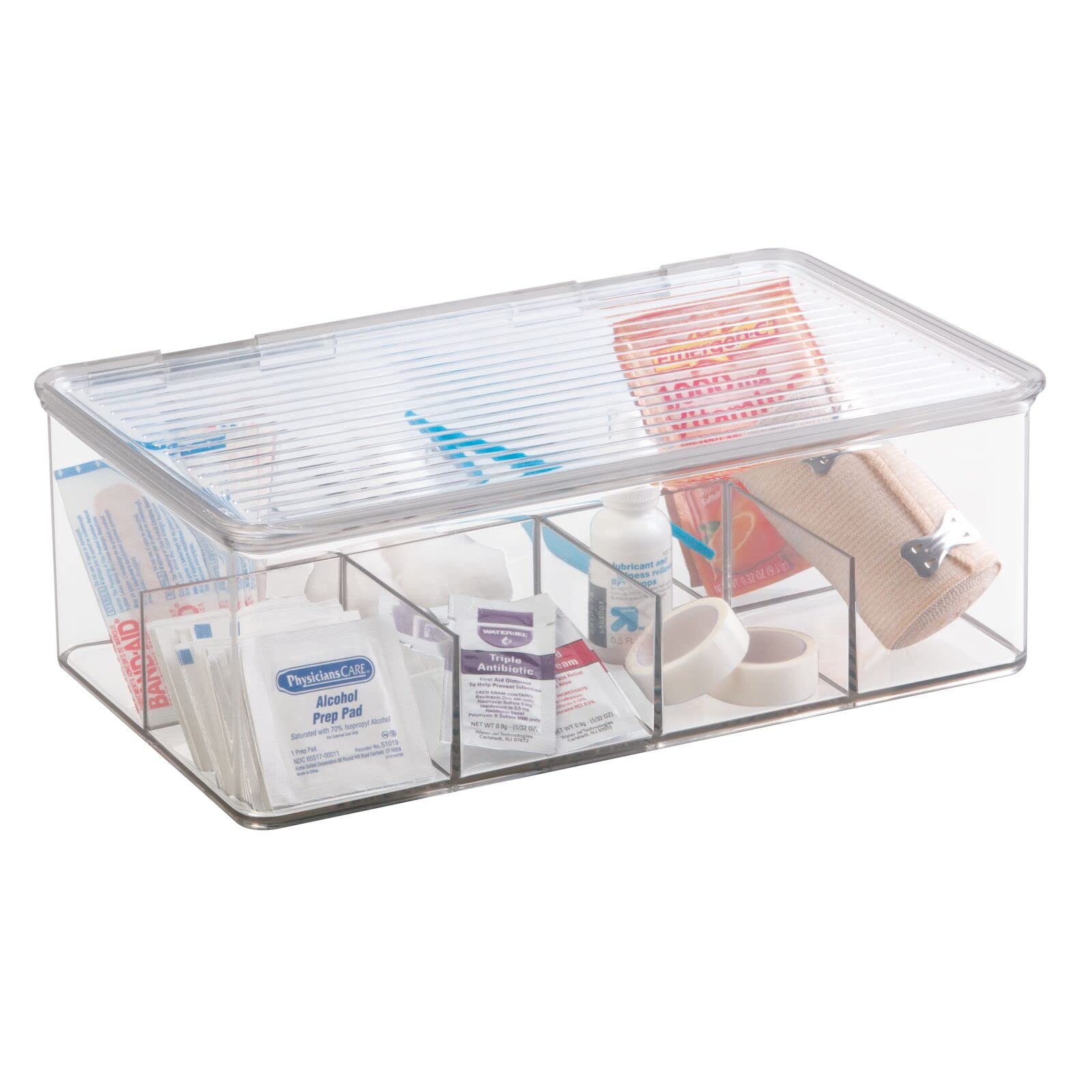 mDesign Plastic First Aid Kit Storage Box with Clear Top Lid for Bathroom  Kitchen Cabinet Closet Drawer - Organizes Medicine Ointments Adhesive  Bandages Dental 8 Divided Sections - Clear