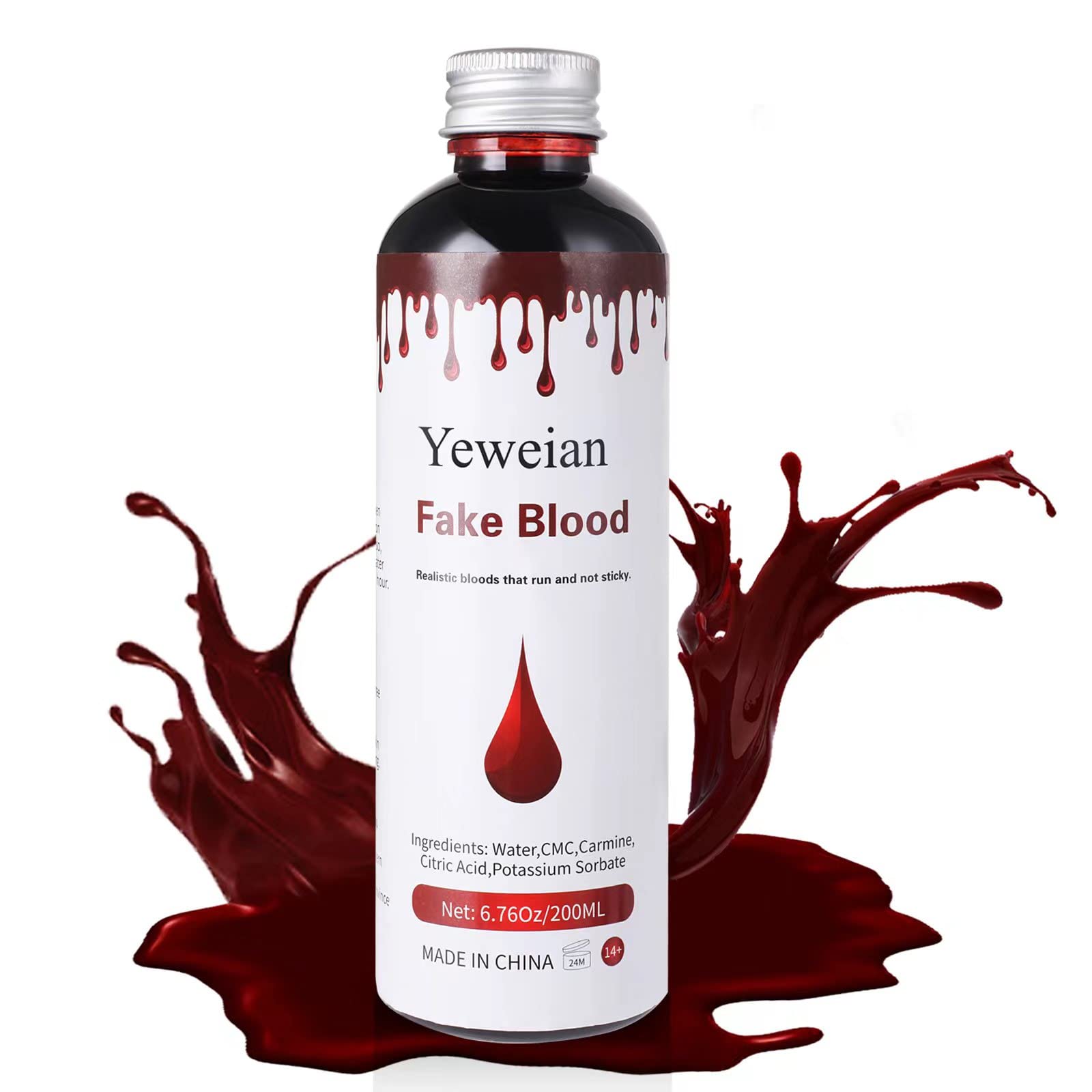 Yeweian Halloween Fake Blood 6.76Oz/200ML Realistic Effects Squirt Blood  Washable Fake Blood for Clothes Easy Dry Flow Liquid Blood for Eye Blood  Drops Halloween SFX Makeup for Zombie Vampire and Monster Cosplay