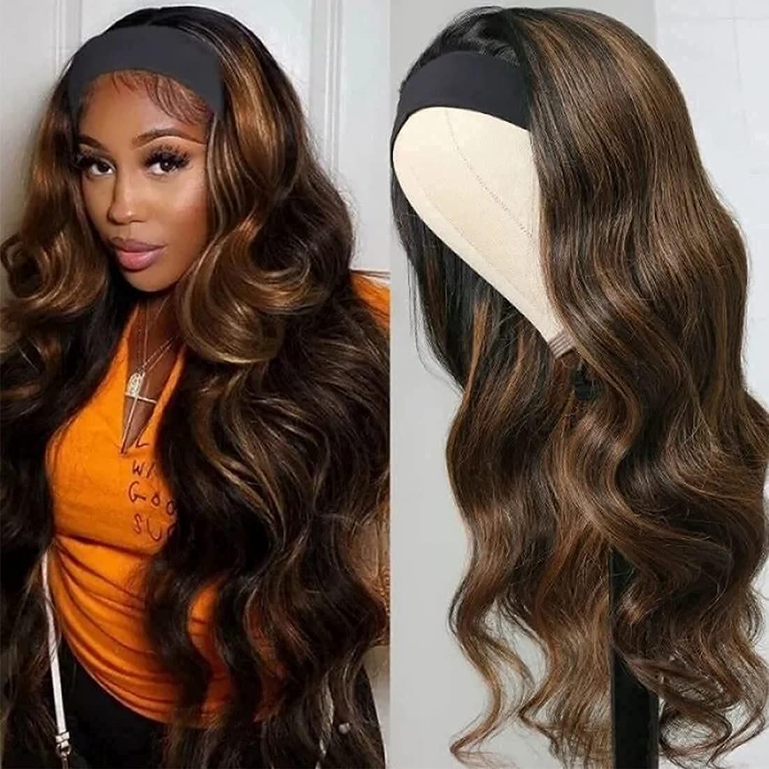 UNice FB30 Ombre Highlight Body Wave Headband Wigs Human Hair Balayage Brown  Wig with Dark Roots for Women, Brazilian Virgin Hair Glueless None Lace  Front Wig Wear and Go 150% Density 16Inch