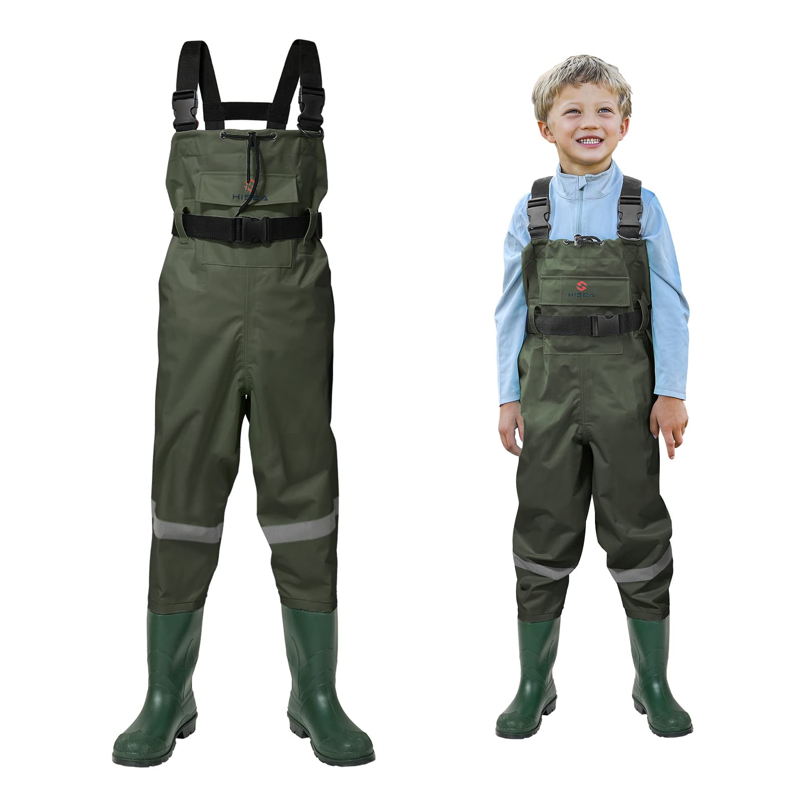 HISEA Kids Chest Waders Youth Fishing Waders for Toddler Children  Waterproof Hunting Waders with Boots & Reflect Safety Band Green 12/13 Big  Kid