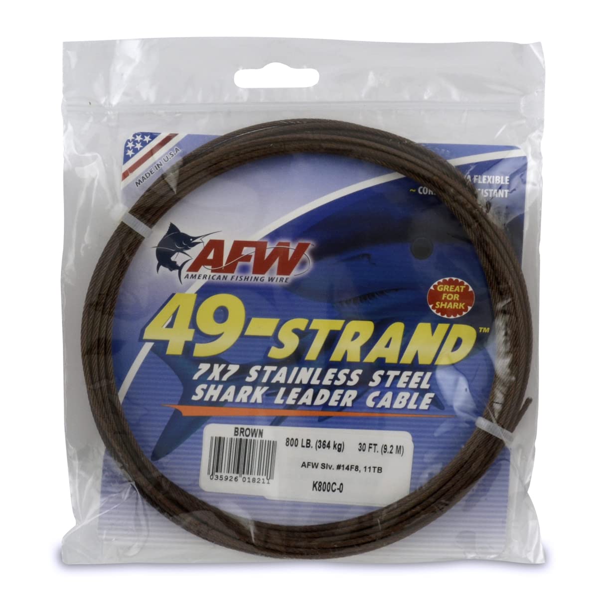 American Fishing Wire 49 Strand, 7x7 Stainless Steel Leader Cable - Strong Heavy  Duty Fishing Wire for Shark and Up to 900lb Test Camo 800 Lb Test, 2.06 Mm  Dia, 30 Ft
