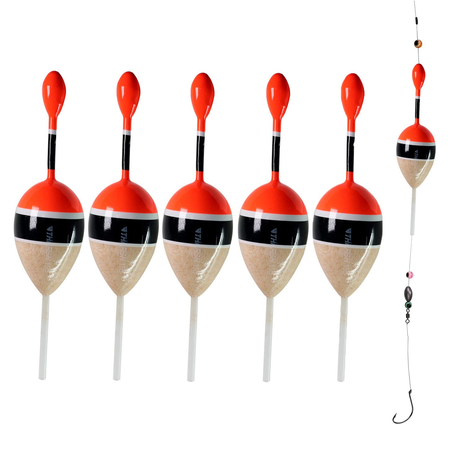 THKFISH Fishing Floats Bobbers Slide Floats Balsa Fishing Bobber Slip  Bobbers for Crappie Panfish Trout Bass (1/2oz 2x5.28) (1/6 1.6x4.8)  5Pcs Wood and Red 1/6 oz 1.6x4.8 - 5Pcs