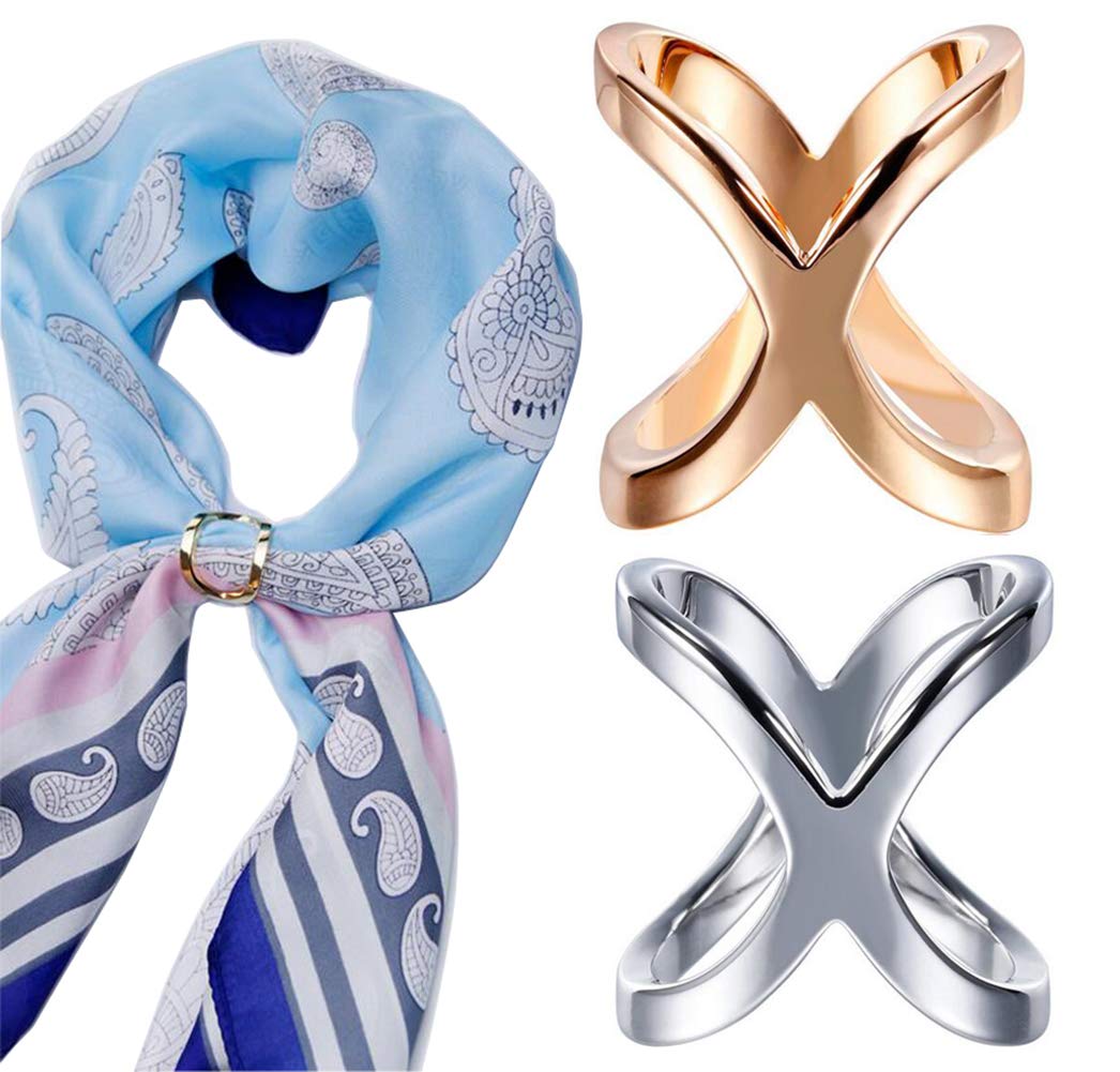 2PCS(Gold+Silver) X Shaped Women Lady Girls Fashion Scarf Ring Buckle  Modern Simple Jewelry Silk Scarf Clasp Clips Clothing Wrap Holder Clothing  Decoration Accessories for T-Shirt Neckerchief Shawl