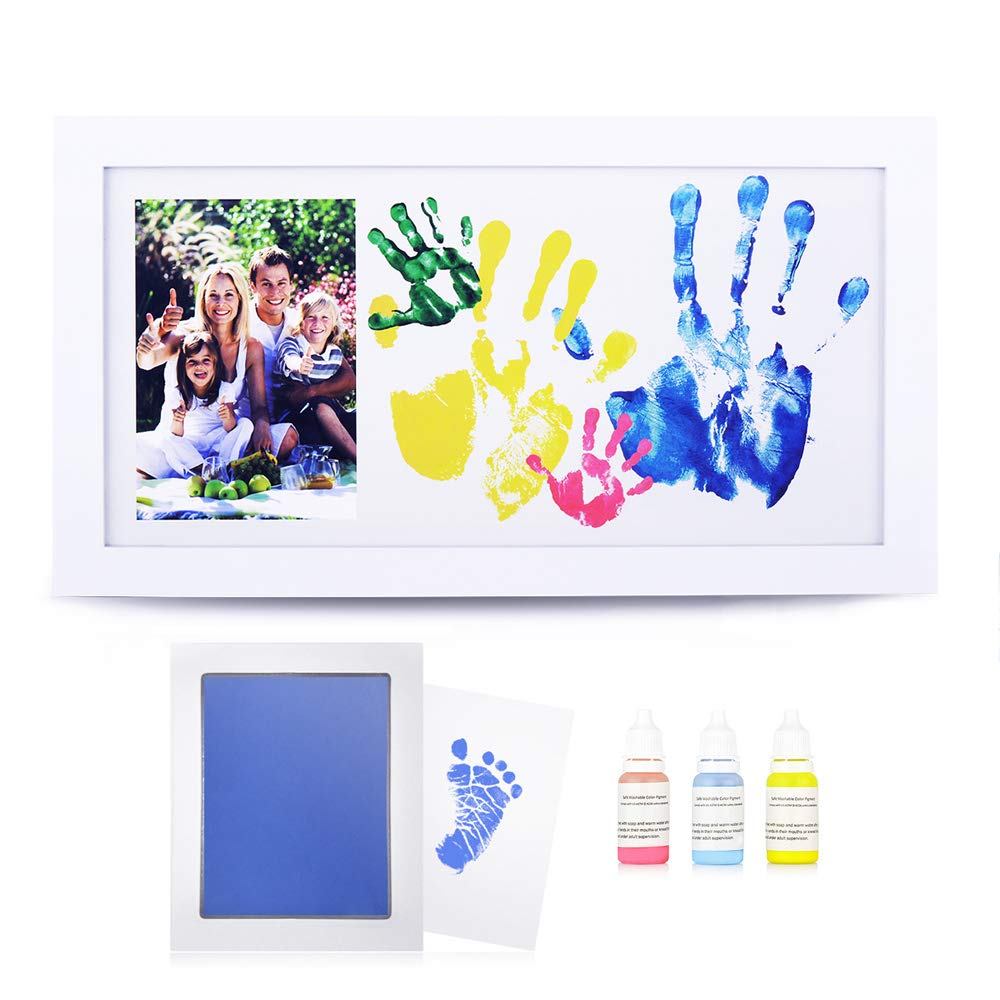 NWK DIY Family Photo + Family Hand/Footprints Kit with 10 X 17inch Elegant  White Wood Picture Frame, Ink Pad, Non-Toxic Watercolor Paints, Baby Shower  Family Christmas Gift for New Mom Dad with