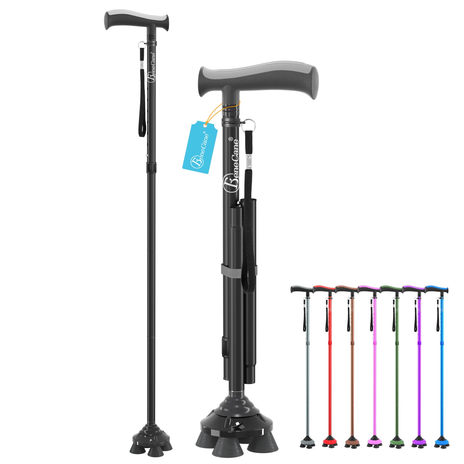 BeneCane Walking Cane for Men & Women Walking Stick for Seniors Folding  Canes Quad Cane Adjustable Lightweight Sturdy Free Standing Collapsible  Heavy Duty with Soft TPR T-Handle and Travel Bag Black