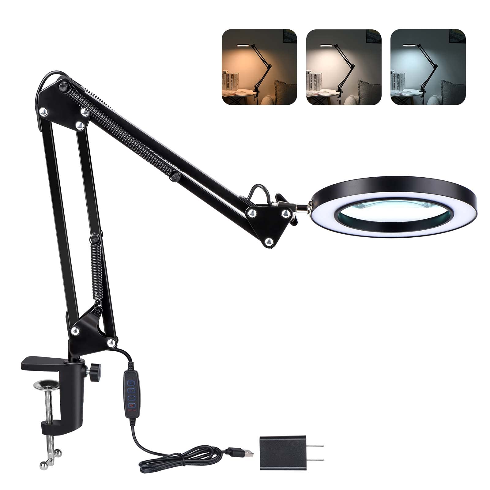 Magnifying Glass with Light and Stand, 3 Color Modes Stepless Dimmable,  5-Diopter Glass Lens, Adjustable Swivel Arm, LED Magnifier Desk Lamp for  Close Work, Repair, Crafts, Reading - Long