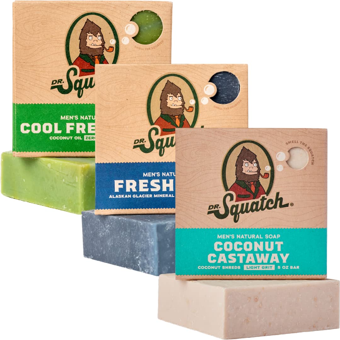 Dr. Squatch All Natural Bar Soap for Men, 3 Bar Variety Pack, NEW Coconut  Castaway, Fresh Falls, and Cool Fresh Aloe - Natural Men's Bar Soap  Coconut, Fresh Falls, Fresh Aloe