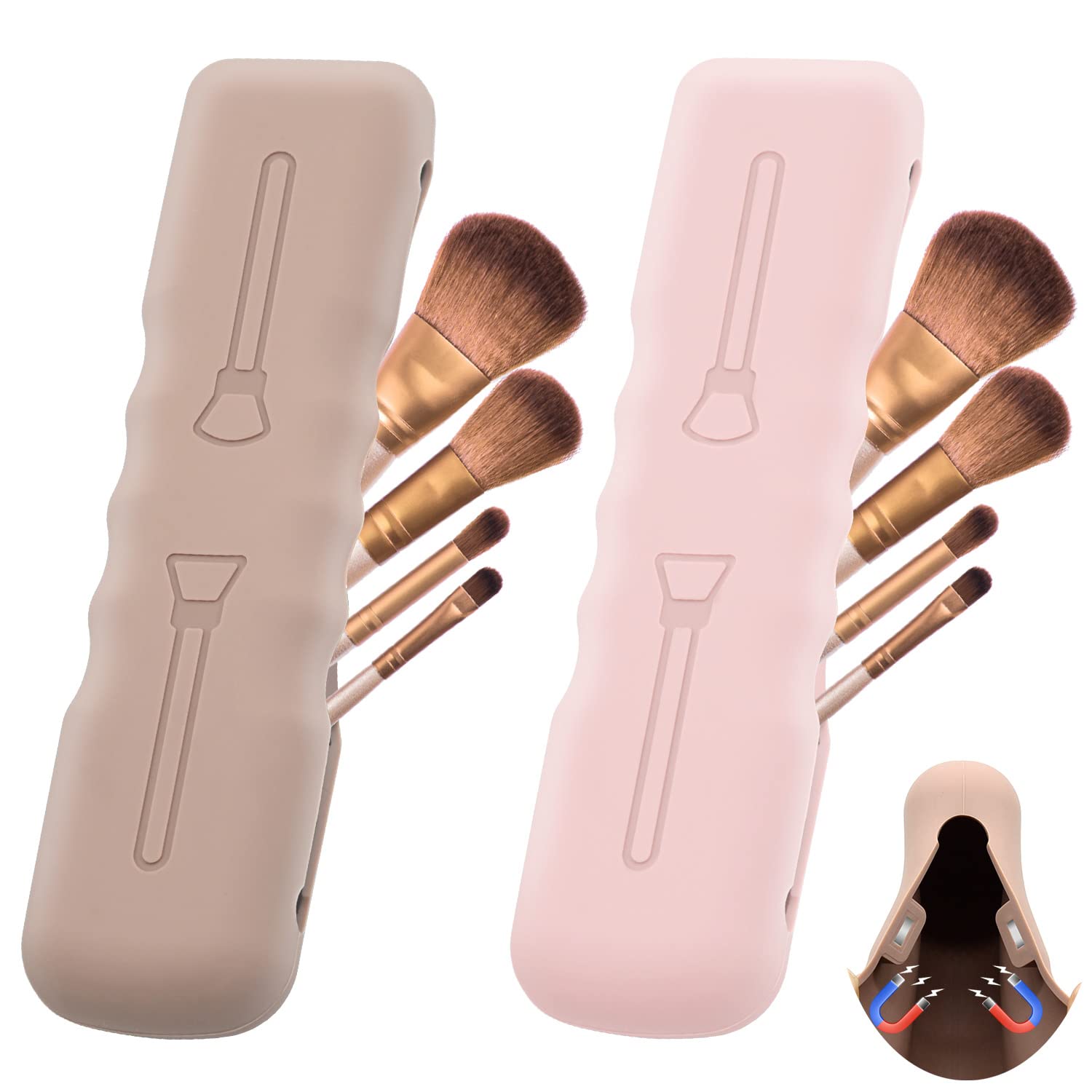 Hydream 2Pack Makeup Brush Holder Travel Silicone Makeup Brush Case Bag  Cute Soft Portable Cosmetic Brushes Holders Magnetic Closure Waterproof  Makeup Brushes Organizer for Traveling-Pink Khaki