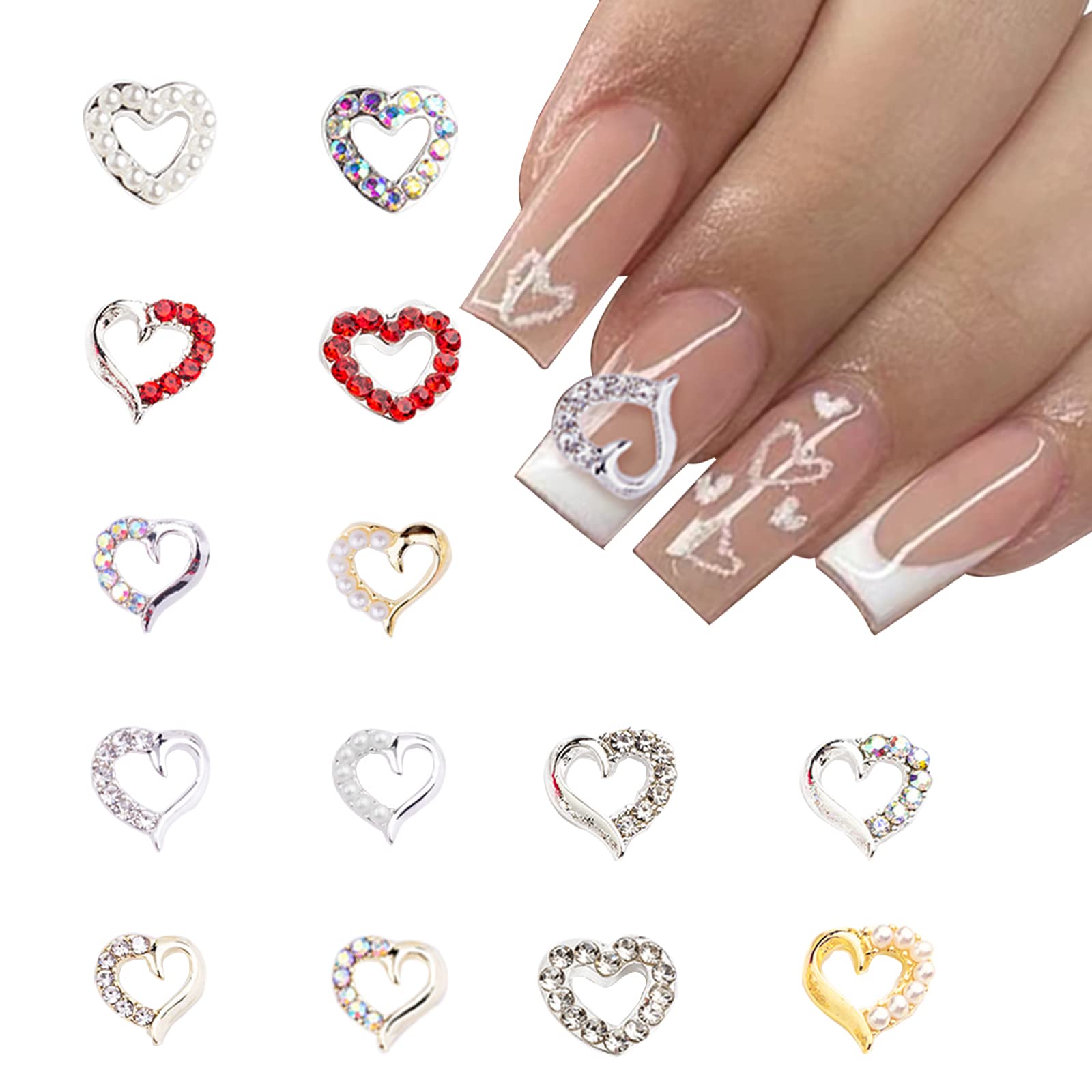 Heart Nail Art Charms 28PCS Gold Silver Heart Metal Nail Charms