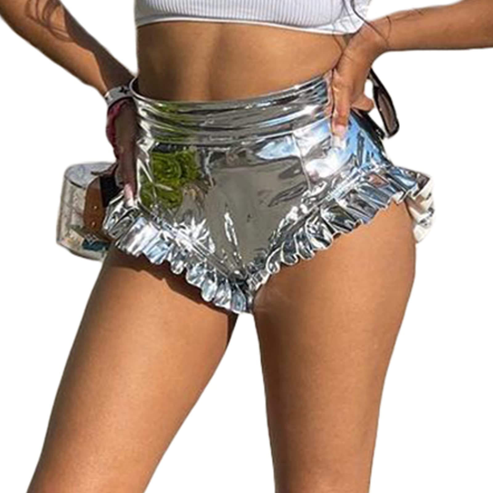 Silver Shorts for Women Metallic - Sexy Shiny Ruffle Booty Shorts Elastic  Waist Rave Slim Sparkly Club Mini Hot Pants Silver Small
