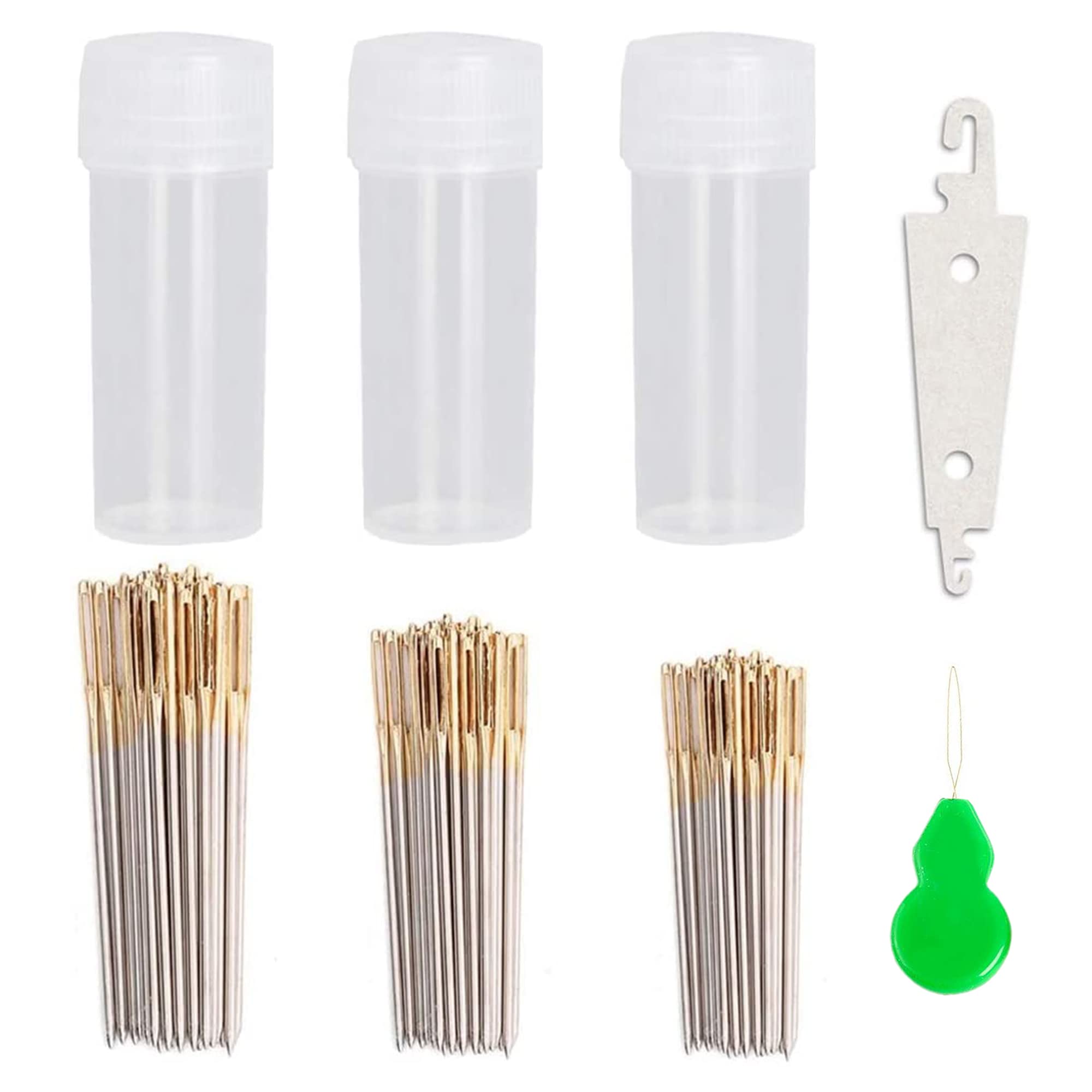 90pcs Cross Stitch Needles +2 Needle Threader Golden Color Large Eyes Cross  Stitch DIY Embroidery Hand Needles Sewing Needles in Transparent Box Size  22 24 26 22+24+26