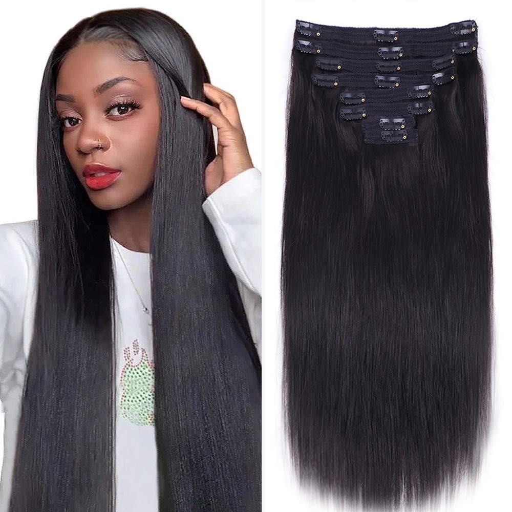 Nvnvdij Straight Clip in Hair Extensions Human Hair 8pcs Per Set with  18Clips Double Weft Clip
