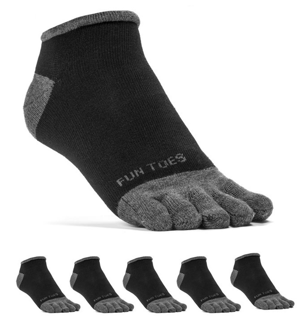 FUN TOES Men's Toe Socks Lightweight Breathable-Value 6 PAIRS Pack- Size  6-12 Black