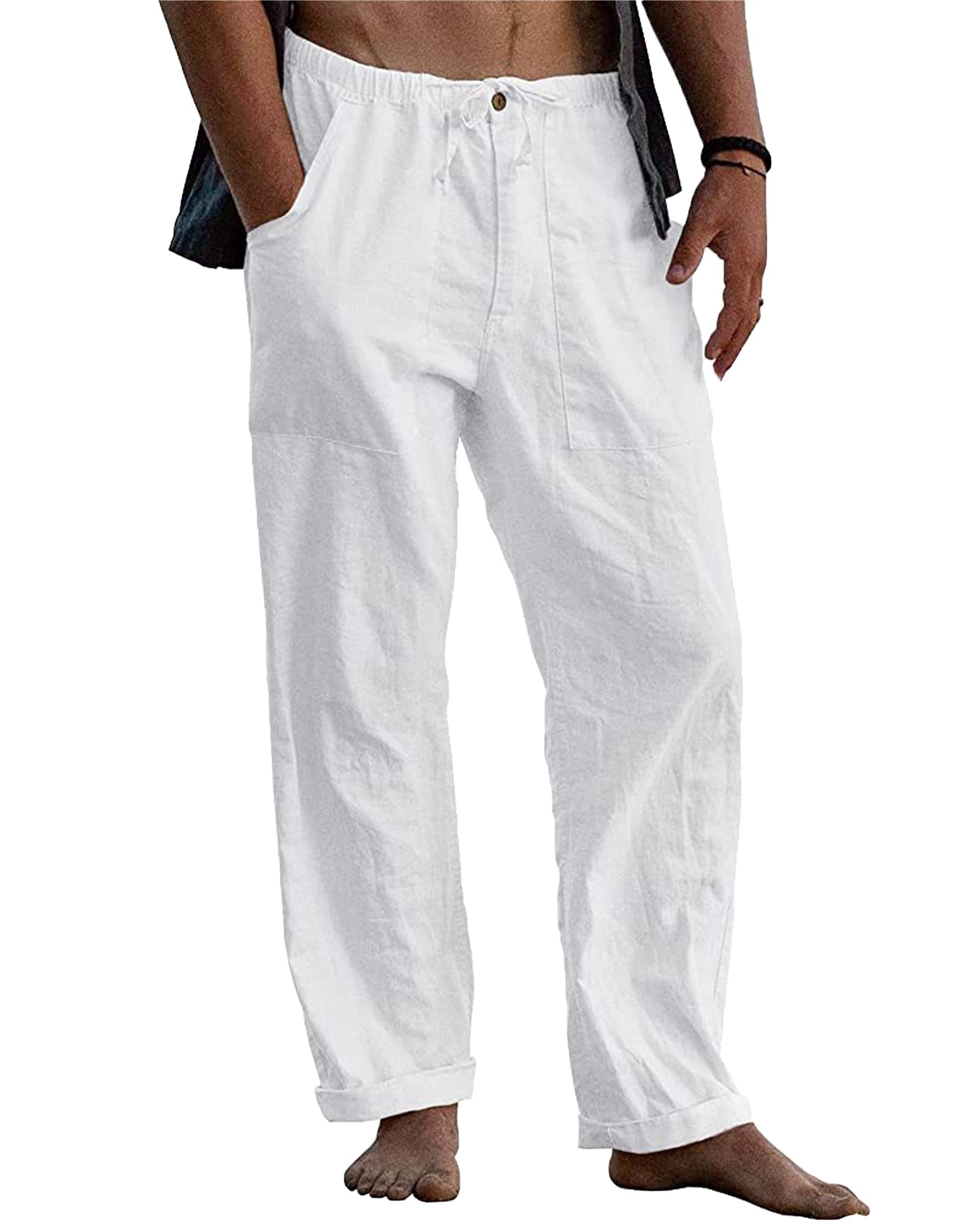 Men's Casual Long Pants Linen Pants - Loose Lightweight Casual Trousers  Summer Yoga Beach Trousers Large Khaki