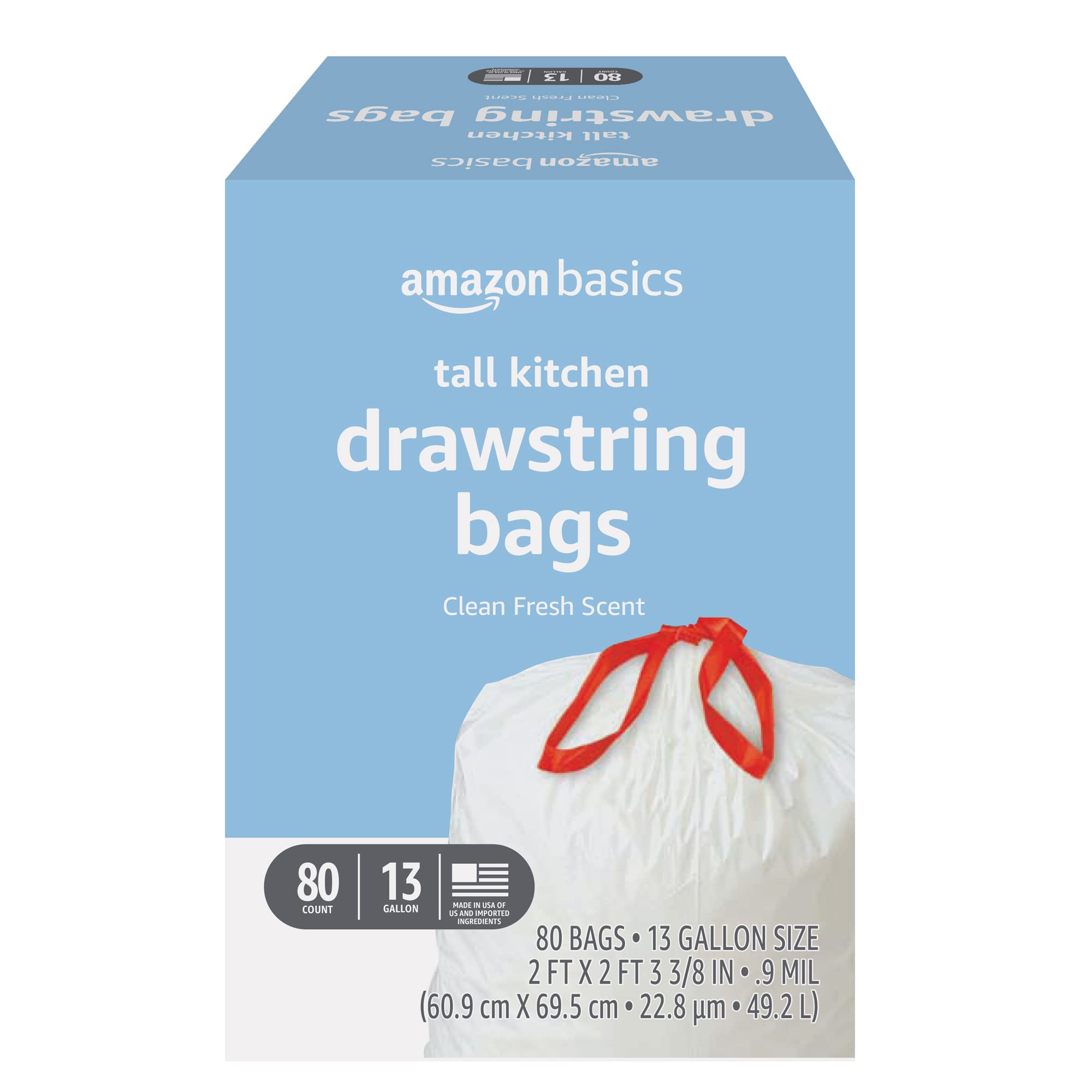 Basics Tall Kitchen Drawstring Trash Bags, Clean Fresh