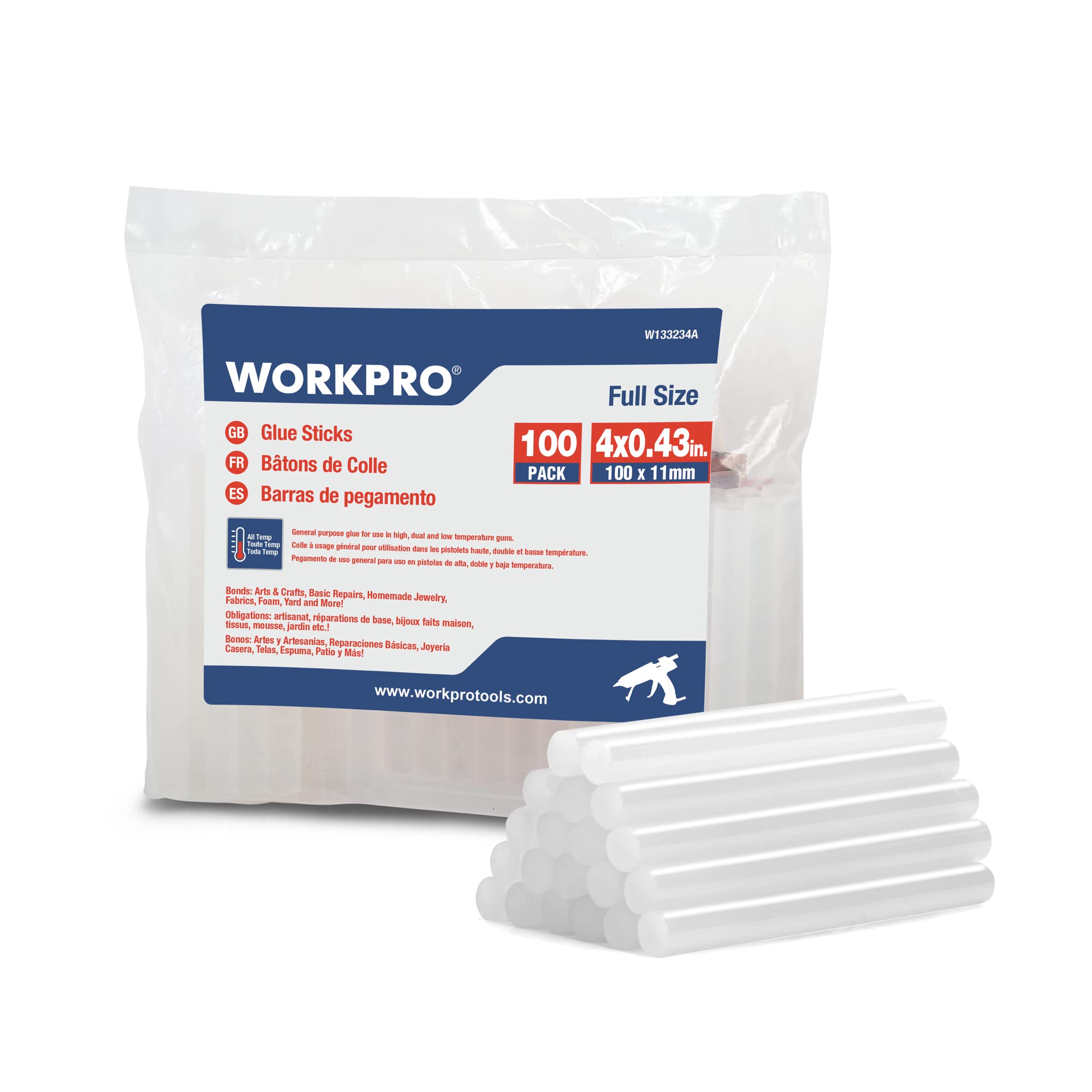 WORKPRO Full Size Hot Glue Sticks, 100-pack, 0.43x4 Inches