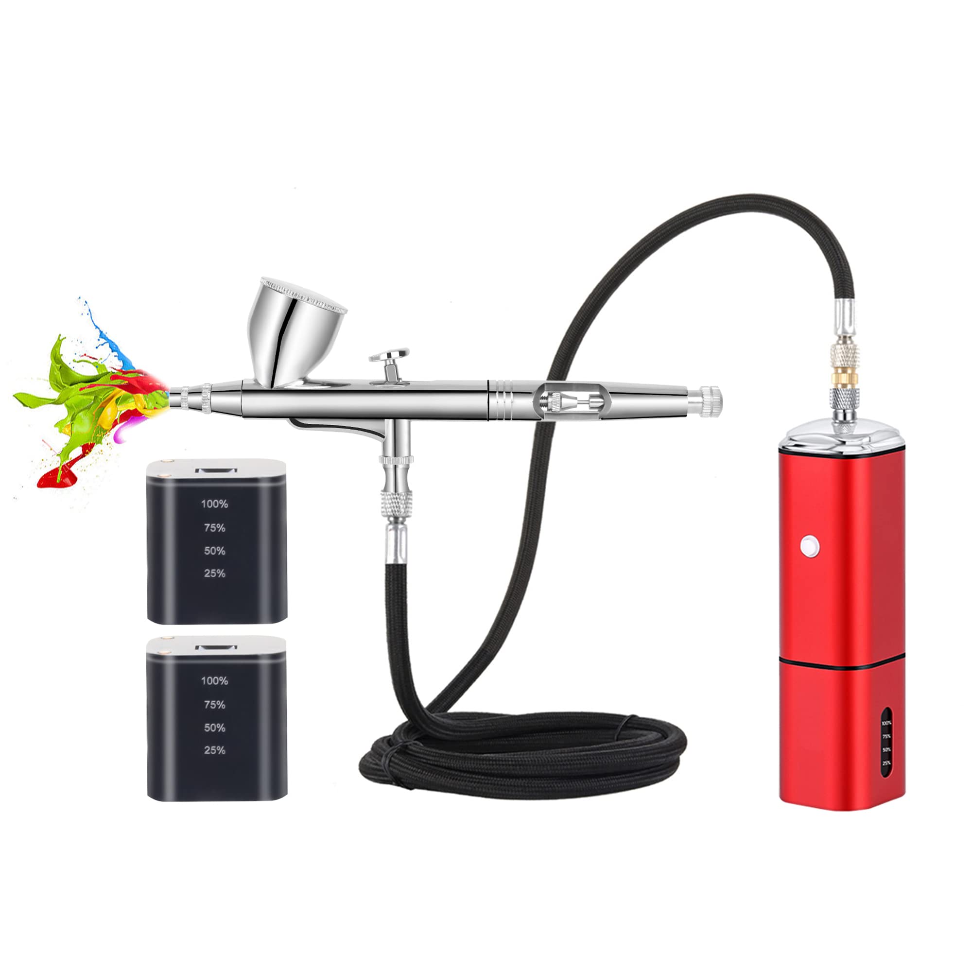 Casubaris Airbrush kit with compressor portable cordless airbrush kit  rechargeable auto stop dual action air brush pen match different airbrush  guns for barbers model painting nail art craft makeup Red