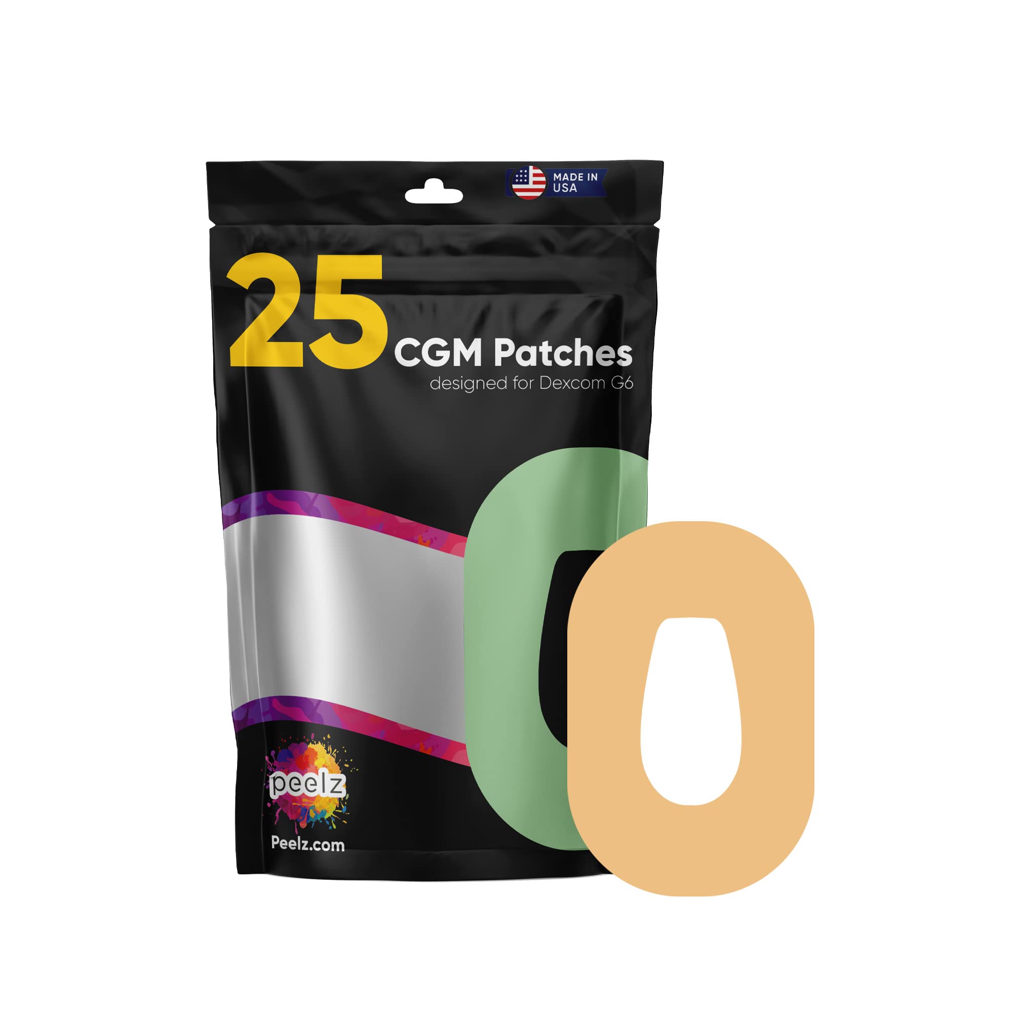 Peelz Dexcom G6 Adhesive Patches 25 Pack - US-Made Waterproof CGM