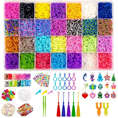 WISHTIME Rubber Band Bracelet Kit for Girls Toys - 11700+ PCS DIY Bracelet  Making Kit Includes 10000+ Bands in 28 Colors, 175 Beads, 30 Charms, 5  Tassels, 5 Crochet Hooks, 3 Hair Clips
