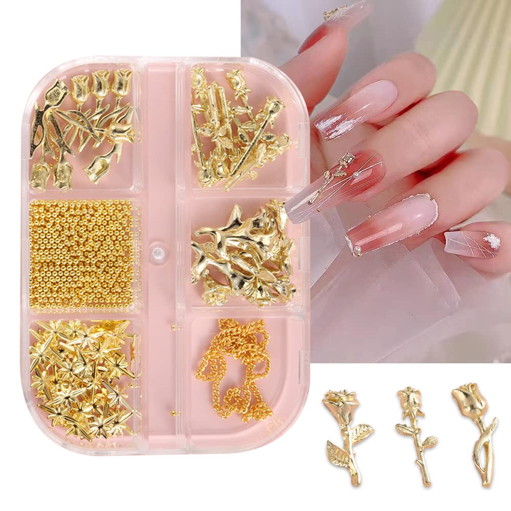 RIICFDD Gold Nail Art Charms 3D Rose Charms for Nails 6 Grids Golden Flower  Nail Charms Star Nail Gems Round Nail Art Supplies Beads Luxurious Design  Nail Accessories Lines for Women Girls