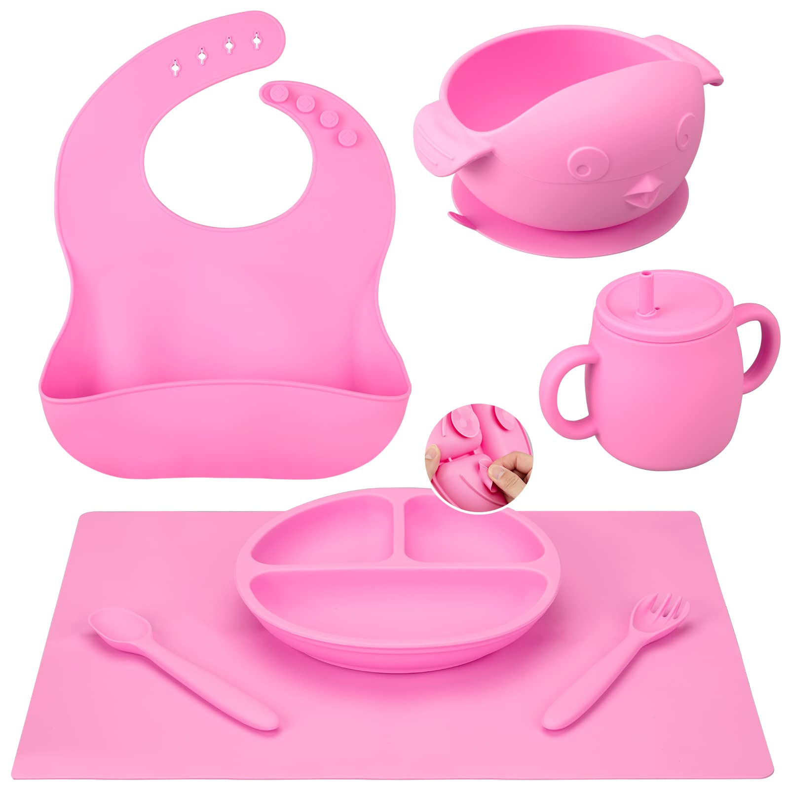 6pcs Pink 100% Non-toxic Suction Baby Feeding Set, 0-6 Month Baby Bowl,  Plate, Cup, Fork and Spoon Feeding Supplies