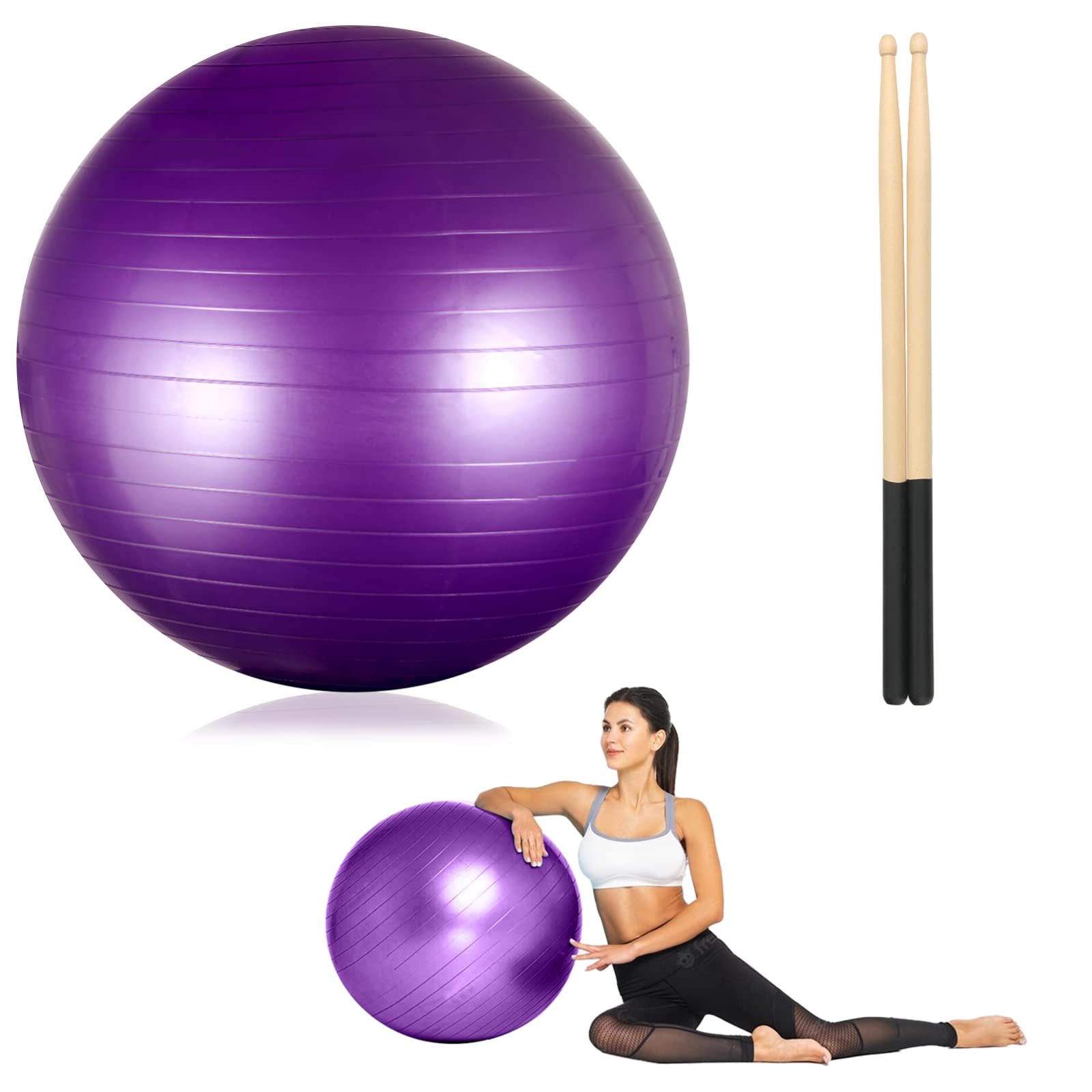 joyibay Cardio Drumming Equipment Set, Fitness Balance Ball with Pump &  3.2oz Cardio Drumming Sticks, Aerobic Exercise Ball for Workouts,  Stability, Pilates, Yoga, Pregnancy Gymnastics Purple
