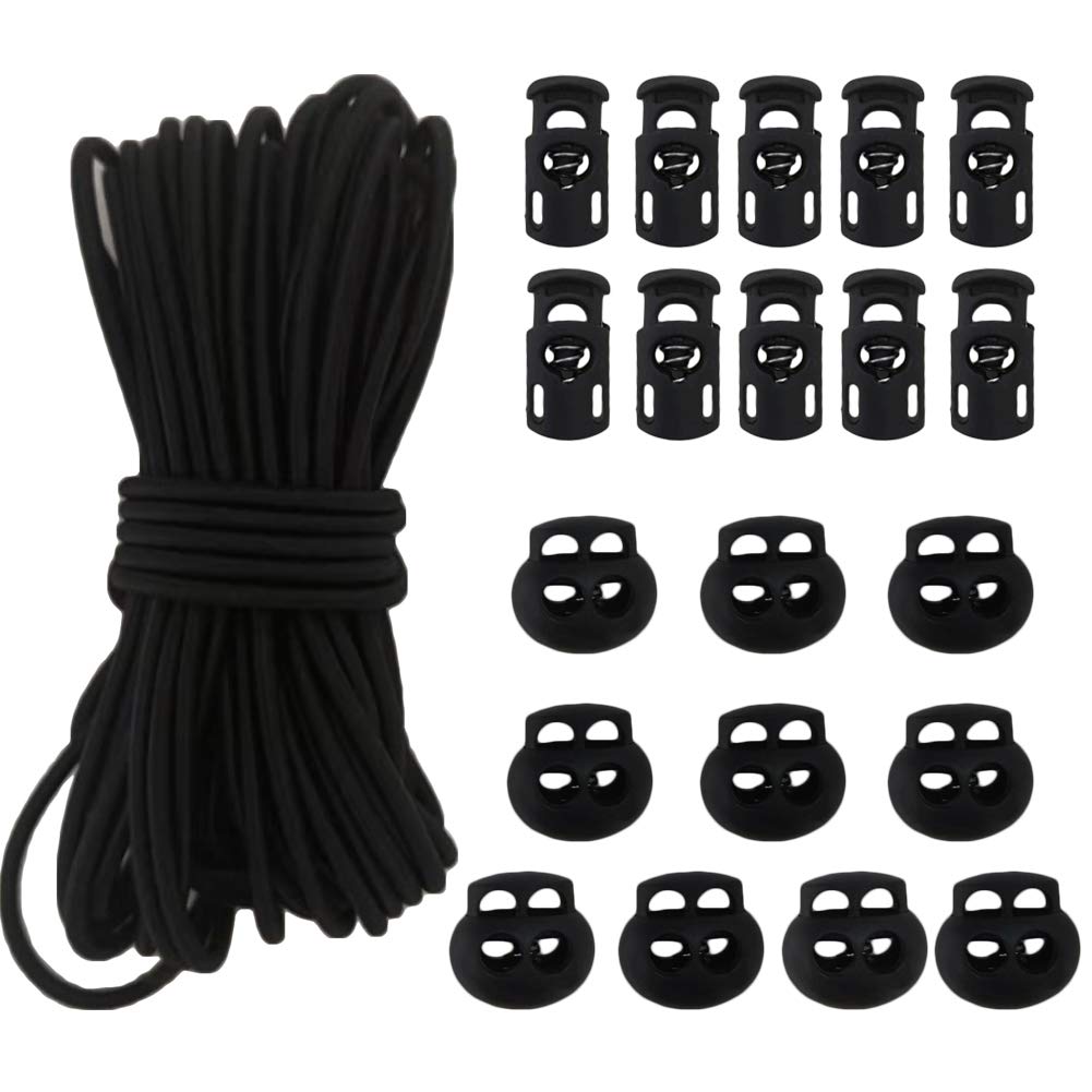 20pcs Plastic Cord Locks with 1/8-Inch 50ft Elastic Cord Heavy Stretch  Round String 10Pcs Sing-Hole 10pcs Double-Hole Spring Toggle Stopper Slider  Black (3mm-Black)