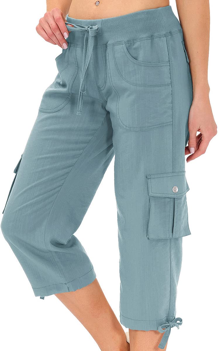 MAWCLOS Ladies Cropped Trousers Solid Color Cargo Pant High Waisted Capri  Pants Casual Loungewear Drawstring Elastic Waist Bottoms Grey Blue XL