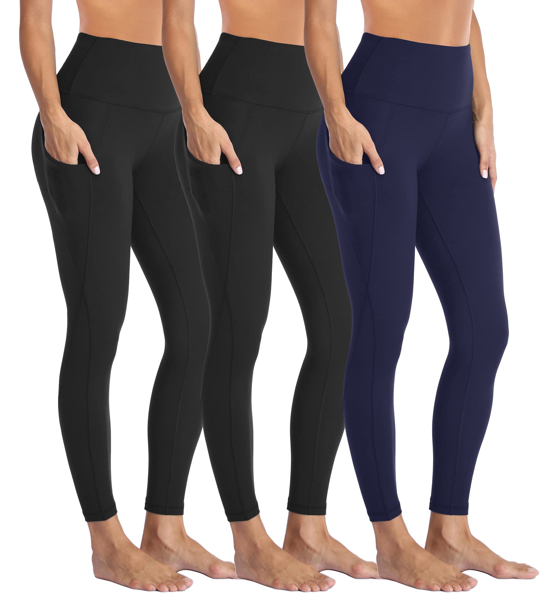 3 Pack Leggings for Women Non see through-Workout High Waisted Tummy  Comtrol Black Lightweight Yoga Pants with Pockets Gym Hiking Running  Dance(3 Pack Black, Army Green Camo, Navy Blue, Small-Medium) price in