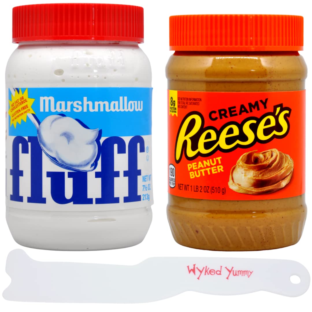 1) Reeses Creamy Peanut Butter 18 oz and (1) Marshmallow Fluff 7.5 oz with  1 WYKED YUMMY Spreader Plastic Knife and Jar Scraper Bundle to Make a  Fluffernutter Sandwich