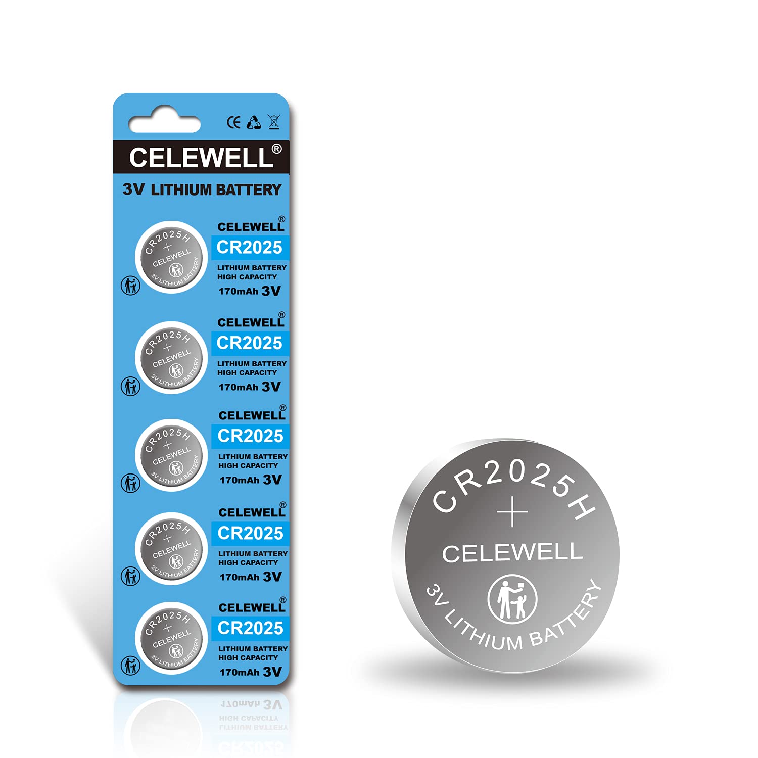 5-Year Warranty CELEWELL 5 Pack CR2025 3V Lithium Battery 170mAh 5 Count  (Pack of 1)
