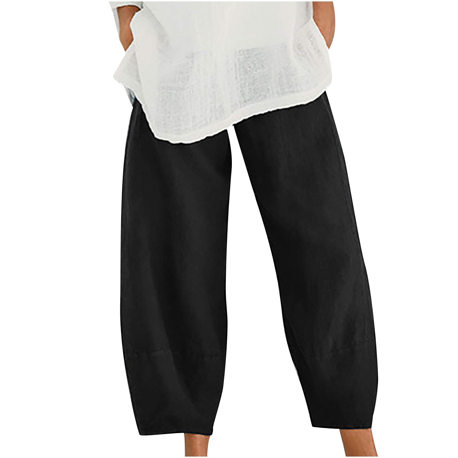 Womens Cotton Linen Capri Pants Casual Drawstring Elastic Waist Comfy  Cropped Pants 3/4 Length Trousers with Pockets