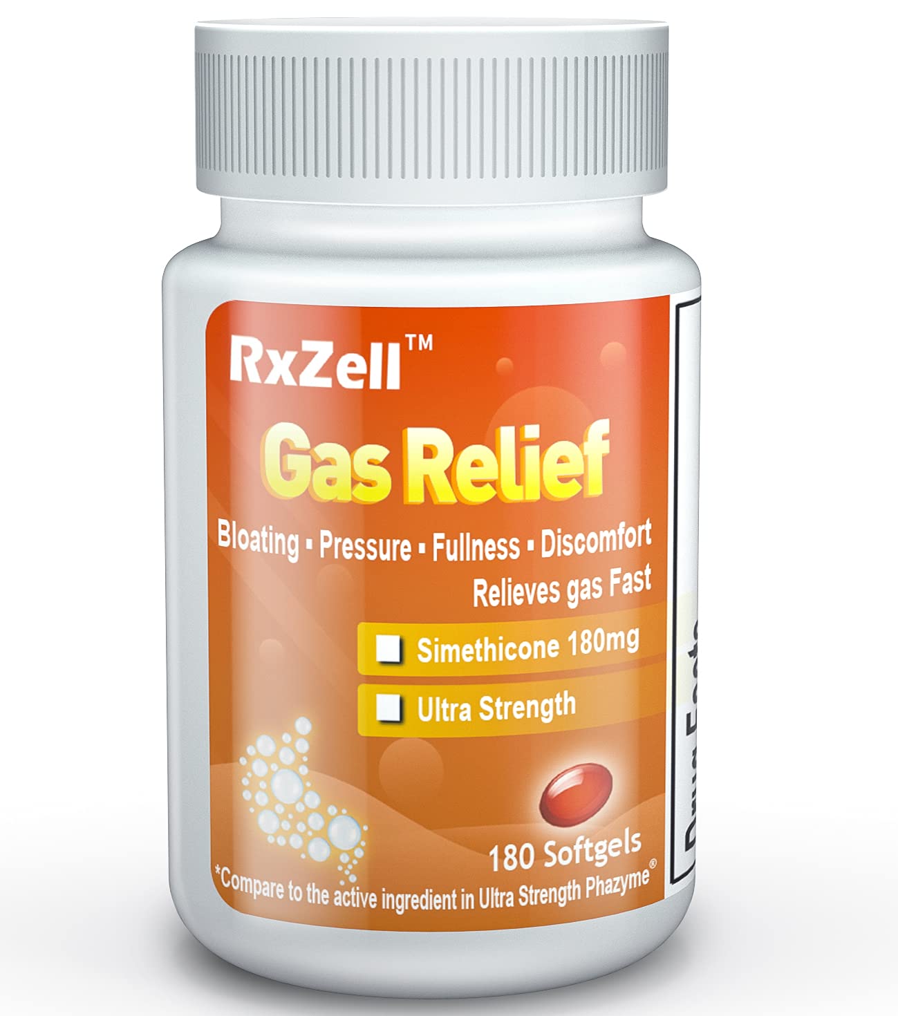 RxZell Gas Relief, Ultra Strength Simethicone 180mg, 180 Softgels