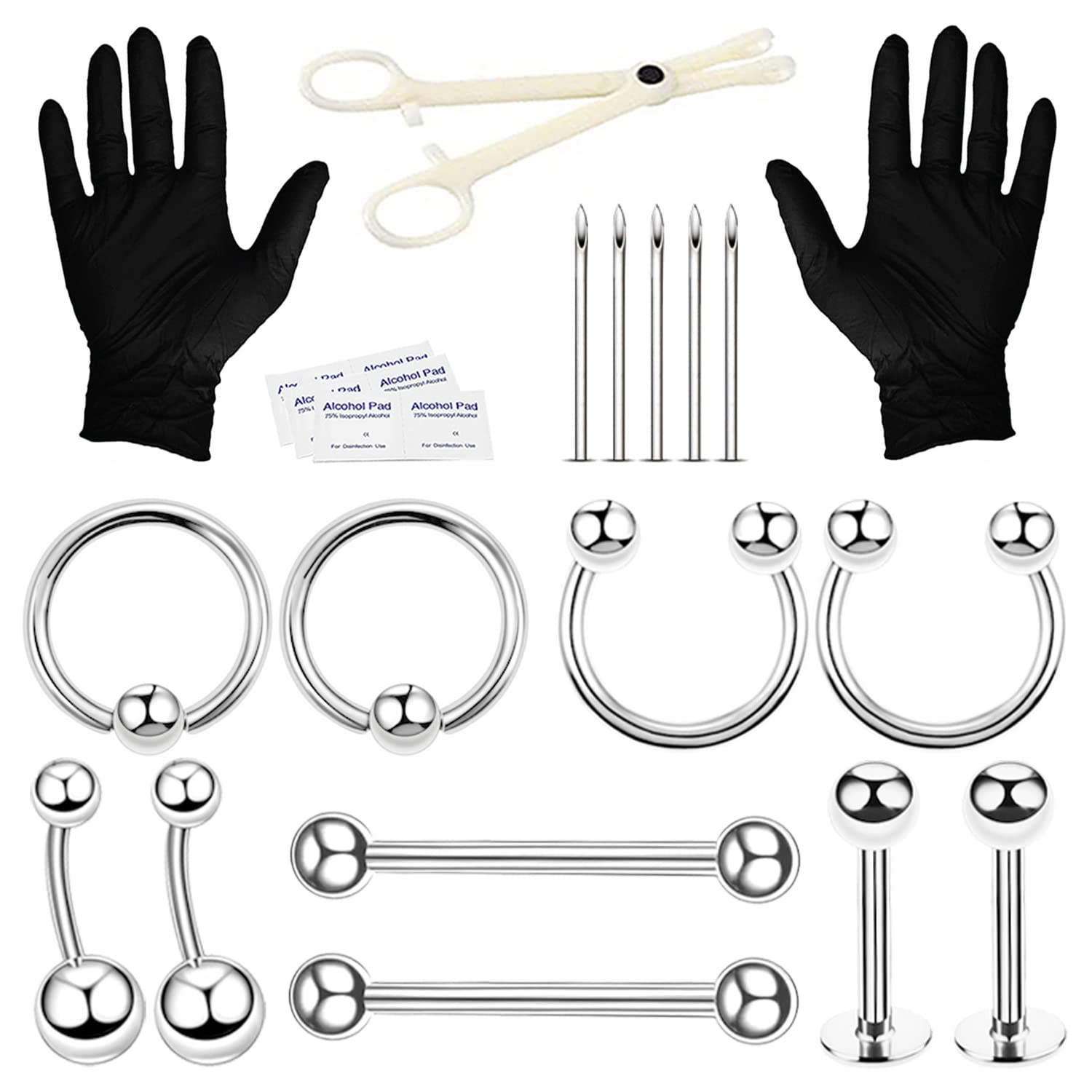 BodyJ4You 20PC PRO Body Piercing Kit, Nose Septum Ear Cartilage Lip Belly  Navel Tragus Eyebrow, Surgical Steel 14G 16G BCR CBR Ring Barbell Spike