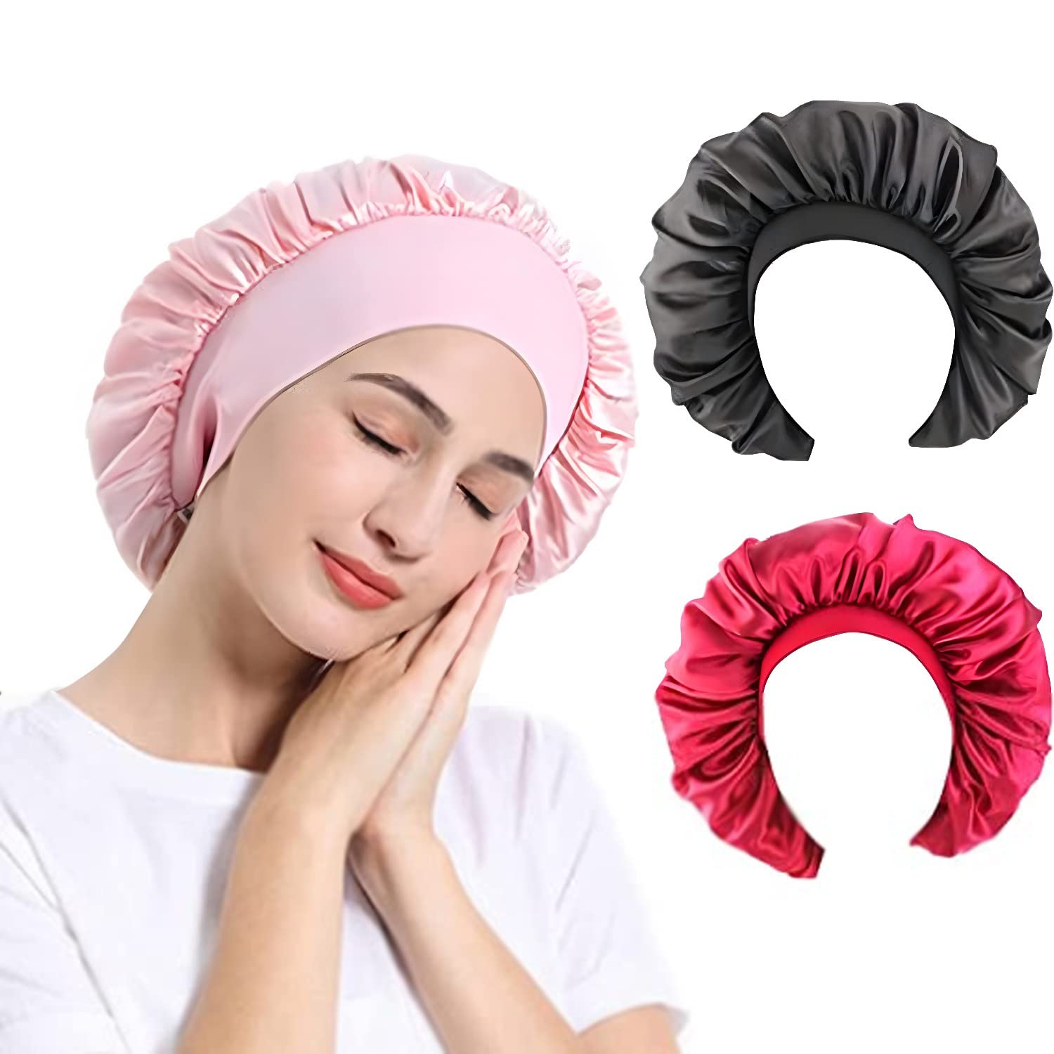 Women Satin Night Sleep Cap Hair Bonnet Hat Silk Head Cover Wide Elastic  Band 