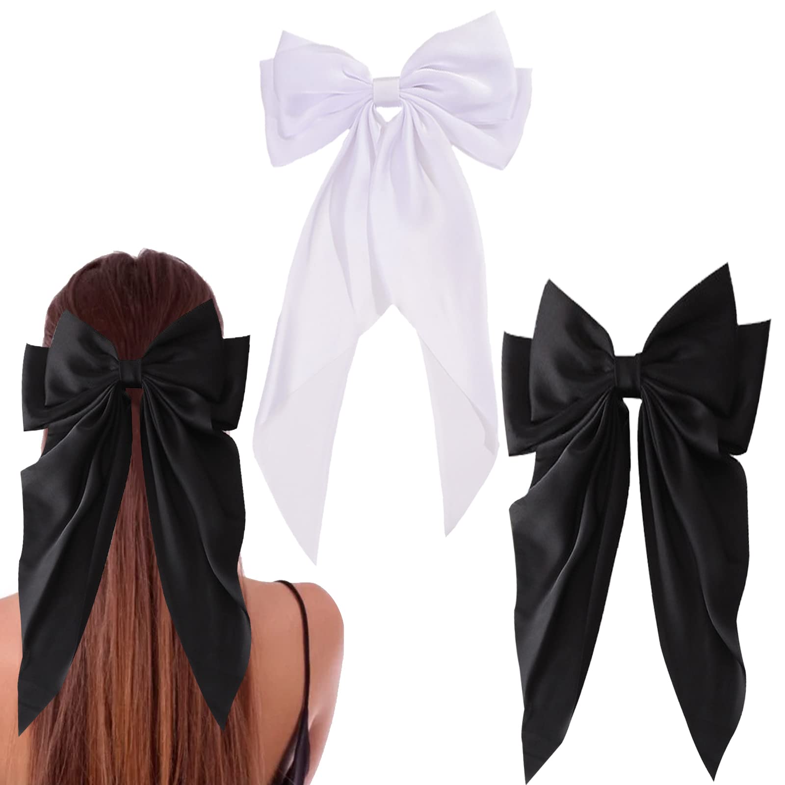  Black Hair Bows for Women - 2Pcs Silkly Satin Hair