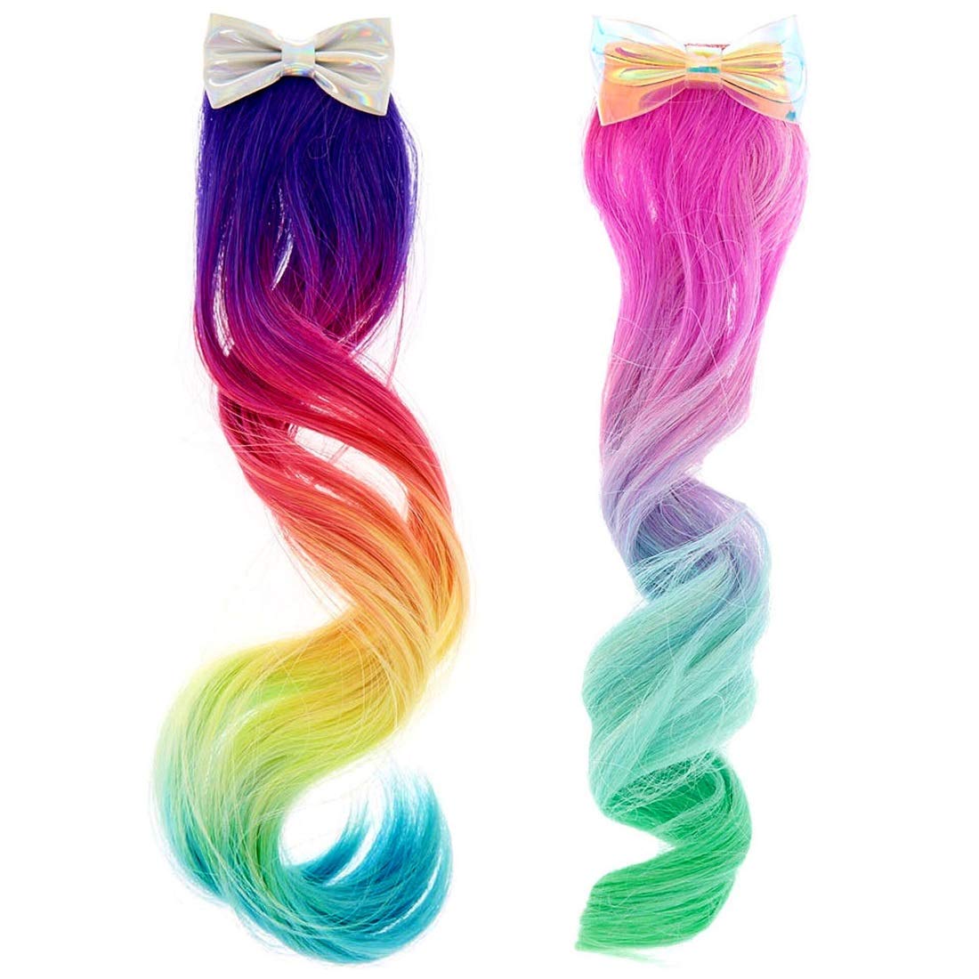 Curly Colored Hair Extensions for Kids Rainbow Ombre Ponytail Extension  Fake Hair Barrettes Party Hair Accessories 2 Pack 2 Pack-2
