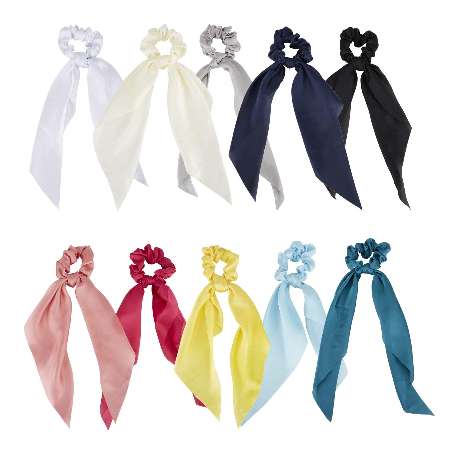 10 Pack Colorful Solid Satin Long Ribbon Knotted Hair Bows Scrunchies Hair  Ties Ponytail Headbands Elastics