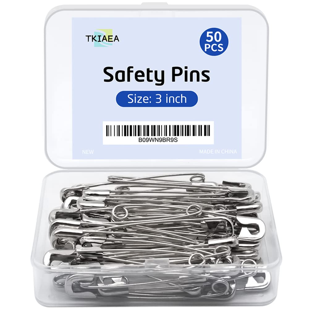 Tkiaea 3 Inches Large Safety Pins Pack of 50 Big Heavy Duty Safety Pins  Safety Pins Bulk Stainless Steel Safety Pins Silver