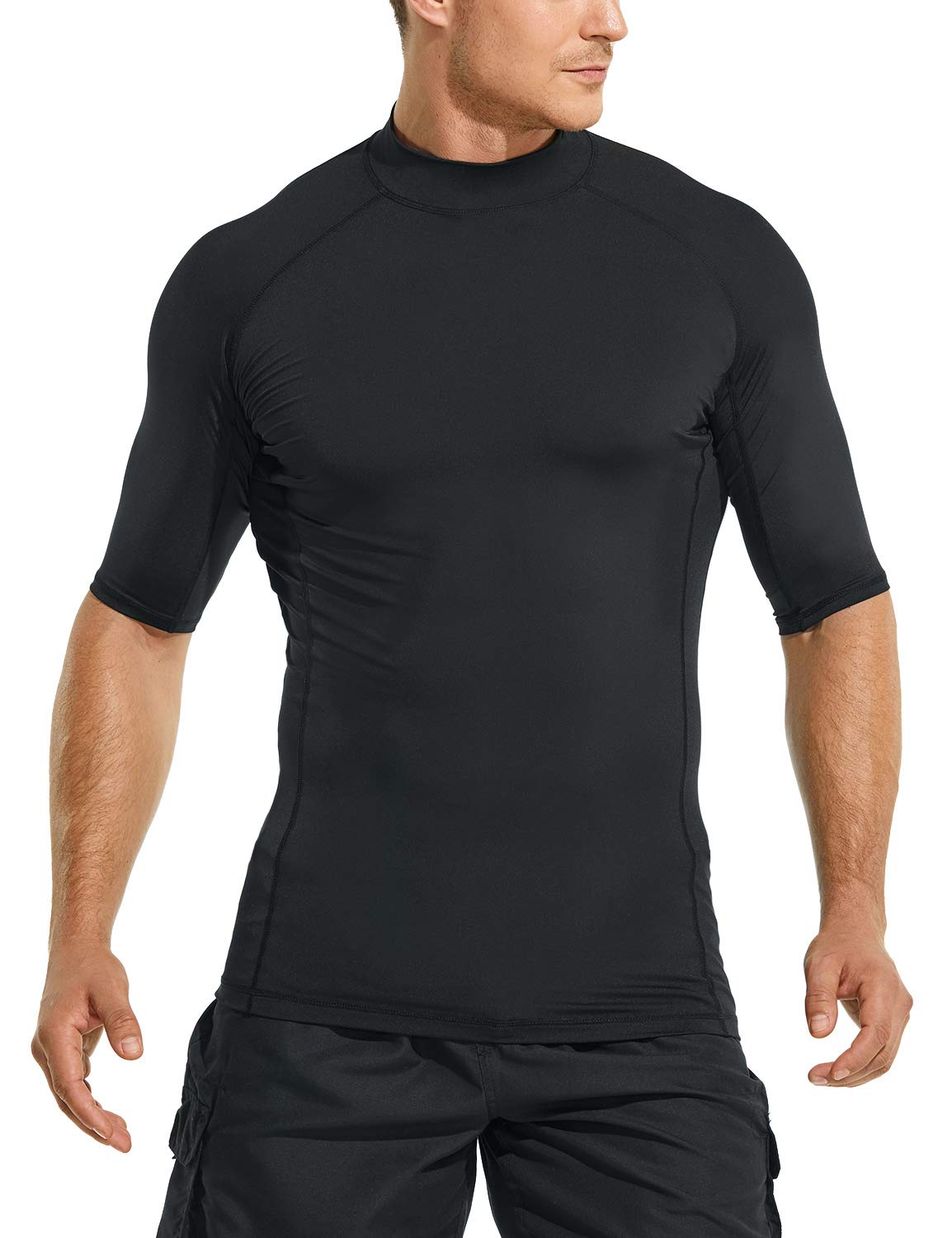 TSLA Men's Rash Guard Swim Shirts, UPF 50+ Quick Dry Mid/Short Sleeve  Swimming Shirt, UV/SPF Water Surf Shirts Swim Mid Sleeve Black Medium
