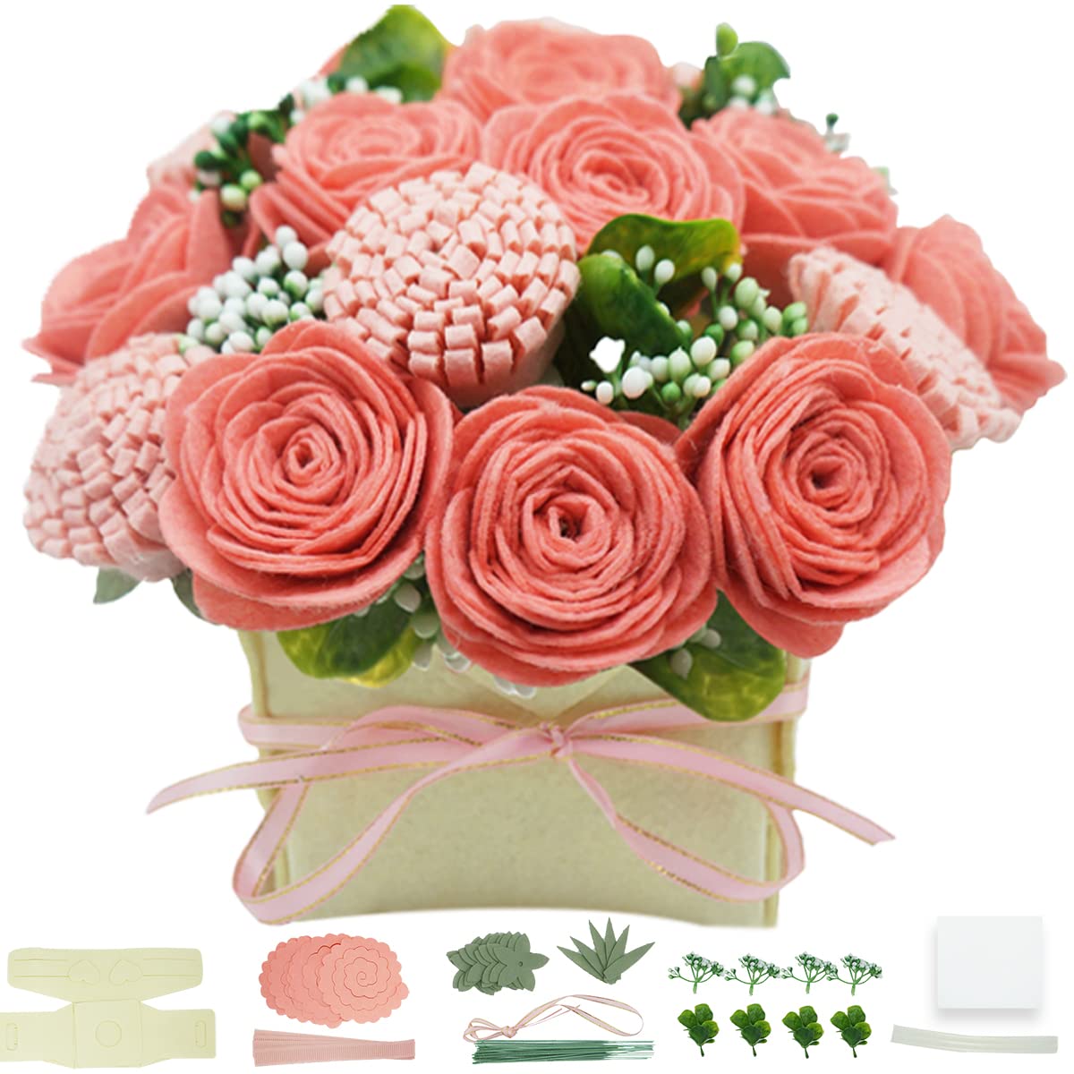 BAZIMA DIY Felt Flower Art Craft Kit DIY Pink Rose and Carnation Bouquet Kit  Floral Gifts Beginner Craft Kit Arrange Pre-Cut Felt Flowers and Foliage