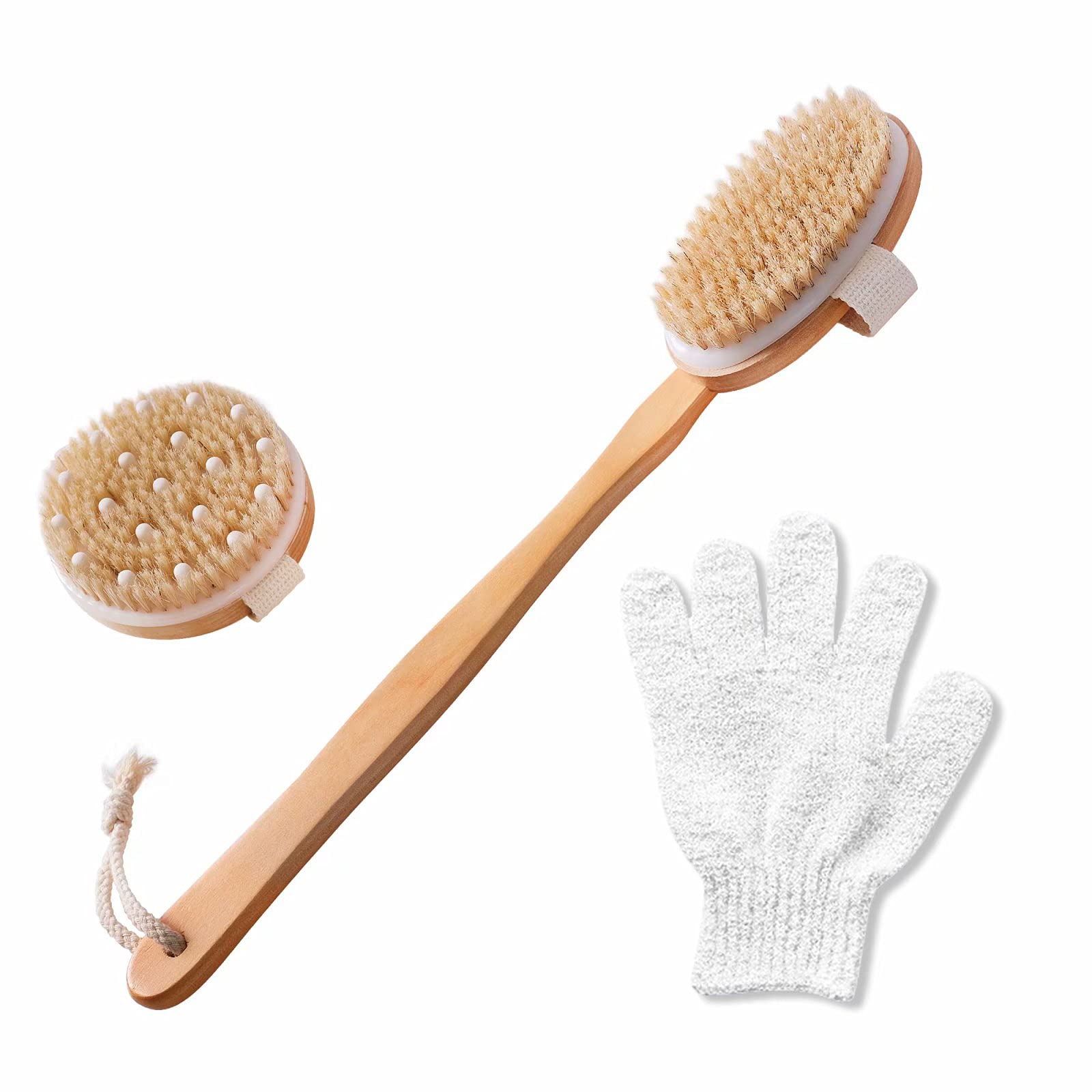 Dry Brushing Body Shower Brush - Detachable Long Handled Scrub Brush for  Lymphatic Drainage Showering Back Bath Brush Set for Dry Brushing Natural  Body Brush with Exfoliating Glove for Women & Man