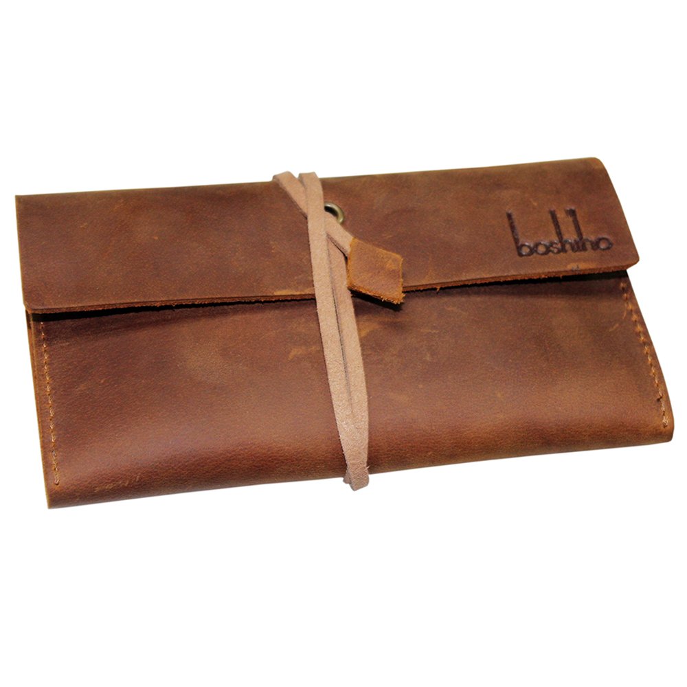 brown leather tobacco pouch with lighter case paper holder and