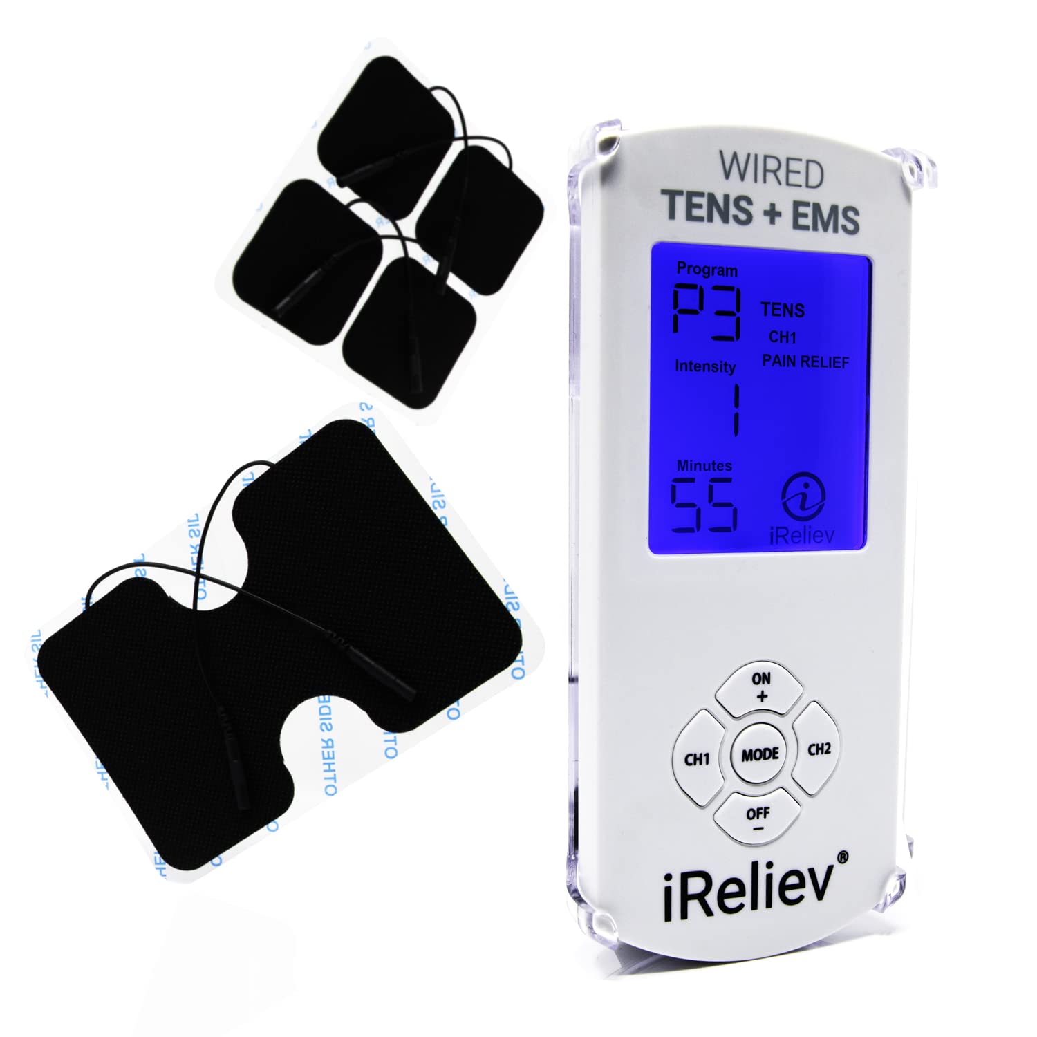 TENS Unit EMS Muscle Stimulator by iReliev: Comes with 14 Therapy Modes  Premium Pain Relief and Recovery System Rechargeable Large Back Lit Display  Large and Small Electrode Pads
