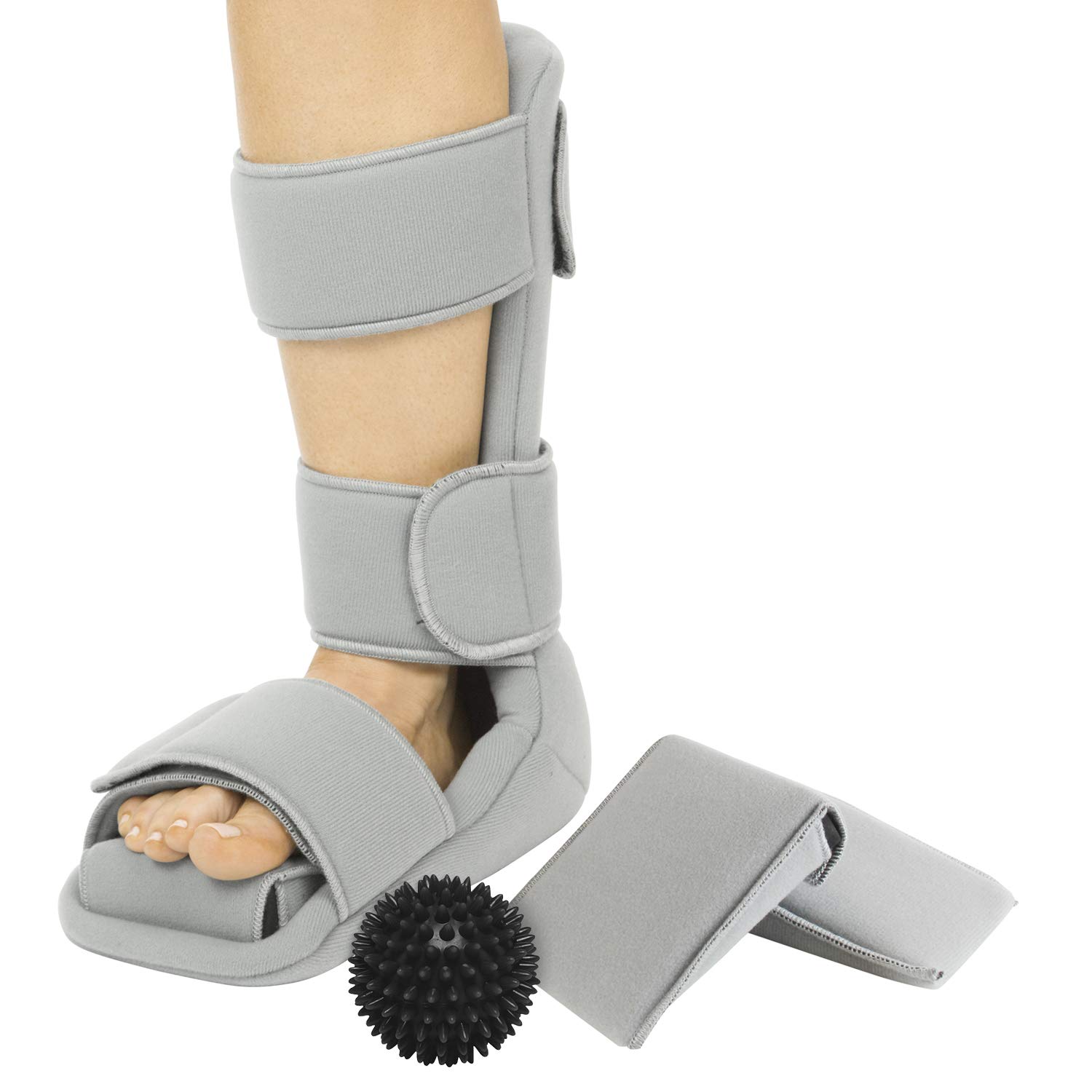 Vive Plantar Fasciitis Night Splint Plus Trigger Point Spike Ball - Soft  Leg Brace Support Orthopedic Sleeping Immobilizer Stretch Boot (Large:  Mens: 8.5 - 11 Womens: 10 - 12) Gray Large (Pack of 1)