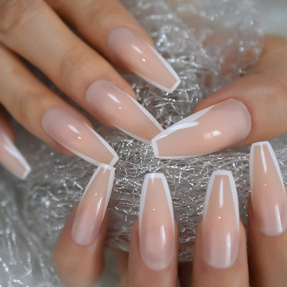 CoolNail Glossy White French Press on False Nails Extra Long Coffin  Ballerina Shape UV Gel Nude Fingersnails Free Adhesive Tapes 24pcs L5634