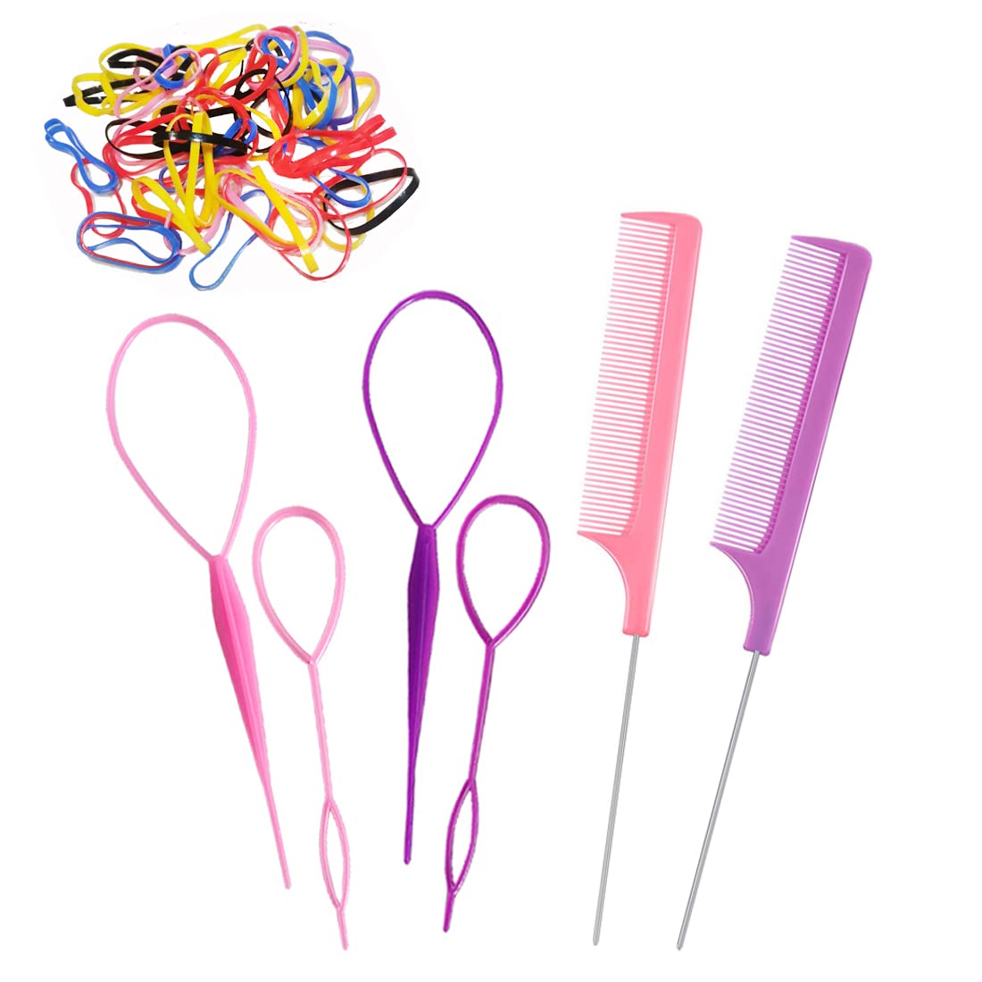 Topsy Tail Hair Tools, 106pcs Hair Styling Tools for Girls, 2pcs Rat Tail  Comb 4pcs French Braiding Tool Hair Loop Styling Tool, 100 Colored Children Rubber  Bands for Children Girls