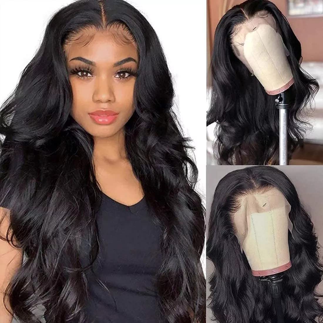 13x4X1 Lace Front Human Hair Wig Body Wave Middle Part Wigs for Black Women  T Part Wigs Virgin Hair Body Wavy Medium Part Glueless Lace Frontal Wigs  150 Density Frontal Wig Ear